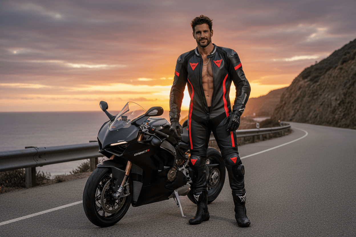 A muscular motorcyclist, dressed in a full Dainese suit, boots, and gloves, but without a helmet, is handsome, dashing, 30 years old, and sexy. A muscular motorcyclist, dressed in a full Dainese suit, boots, and gloves, but without a helmet, is handsome, dashing, 30 years old, and sexy. CVY.AI