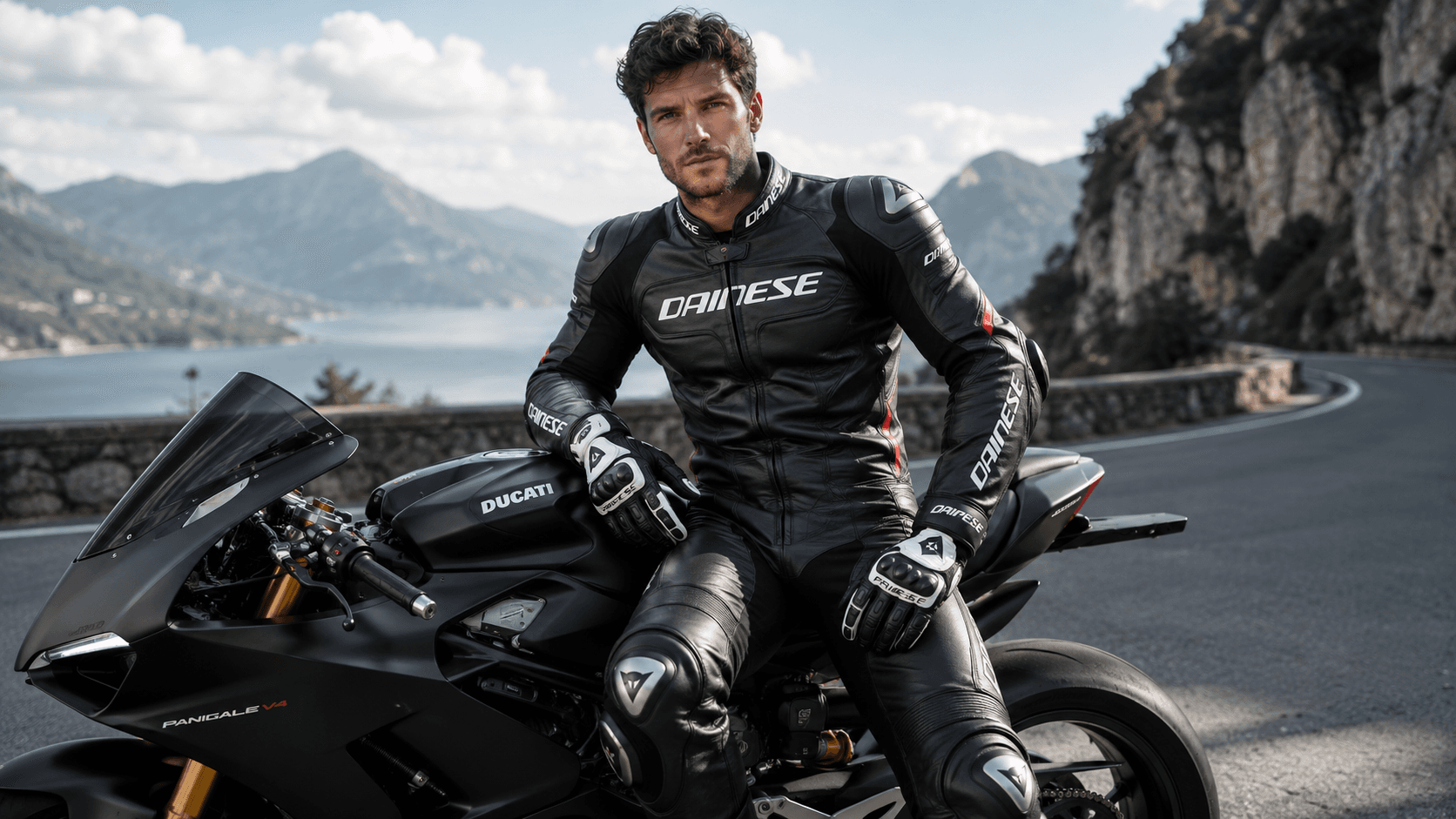 A muscular motorcyclist, dressed in a full Dainese suit, boots, and gloves, but without a helmet, is handsome, dashing, 30 years old, and sexy. A muscular motorcyclist, dressed in a full Dainese suit, boots, and gloves, but without a helmet, is handsome, dashing, 30 years old, and sexy. CVY.AI