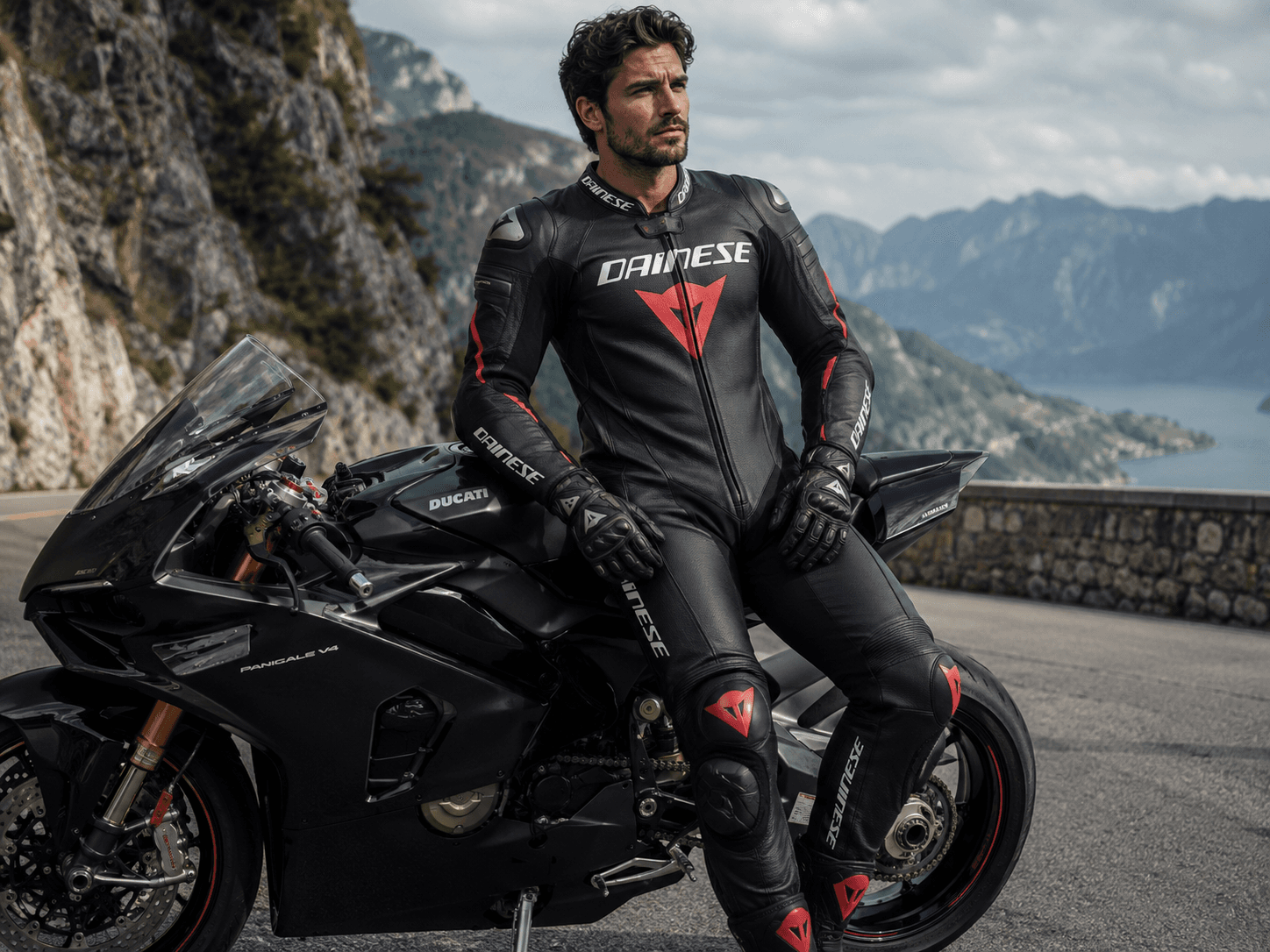 A muscular biker, dressed in a full Dainese suit, boots, and gloves, but without a helmet, handsome, 30-year-old, and sexy. A muscular biker, dressed in a full Dainese suit, boots, and gloves, but without a helmet, handsome, 30-year-old, and sexy. CVY.AI