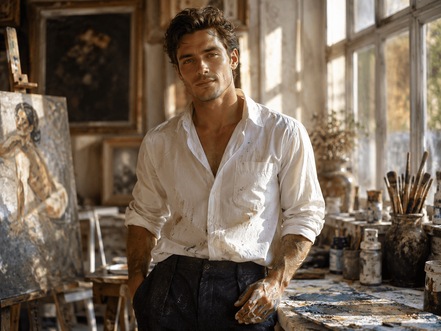 A handsome adult male artist standing in a sunlit painting studio, wearing a slightly loose white shirt with rolled-up sleeves and dark trousers, paint marks on his hands, warm afternoon light through large windows, canvases and brushes around him, calm confident gaze, tasteful romantic atmosphere, cinematic portrait photography, realistic, elegant and charming A handsome adult male artist standing in a sunlit painting studio, wearing a slightly loose white shirt with rolled-up sleeves and dark trousers, paint marks on his hands, warm afternoon light through large windows, canvases and brushes around him, calm confident gaze, tasteful romantic atmosphere, cinematic portrait photography, realistic, elegant and charming CVY.AI