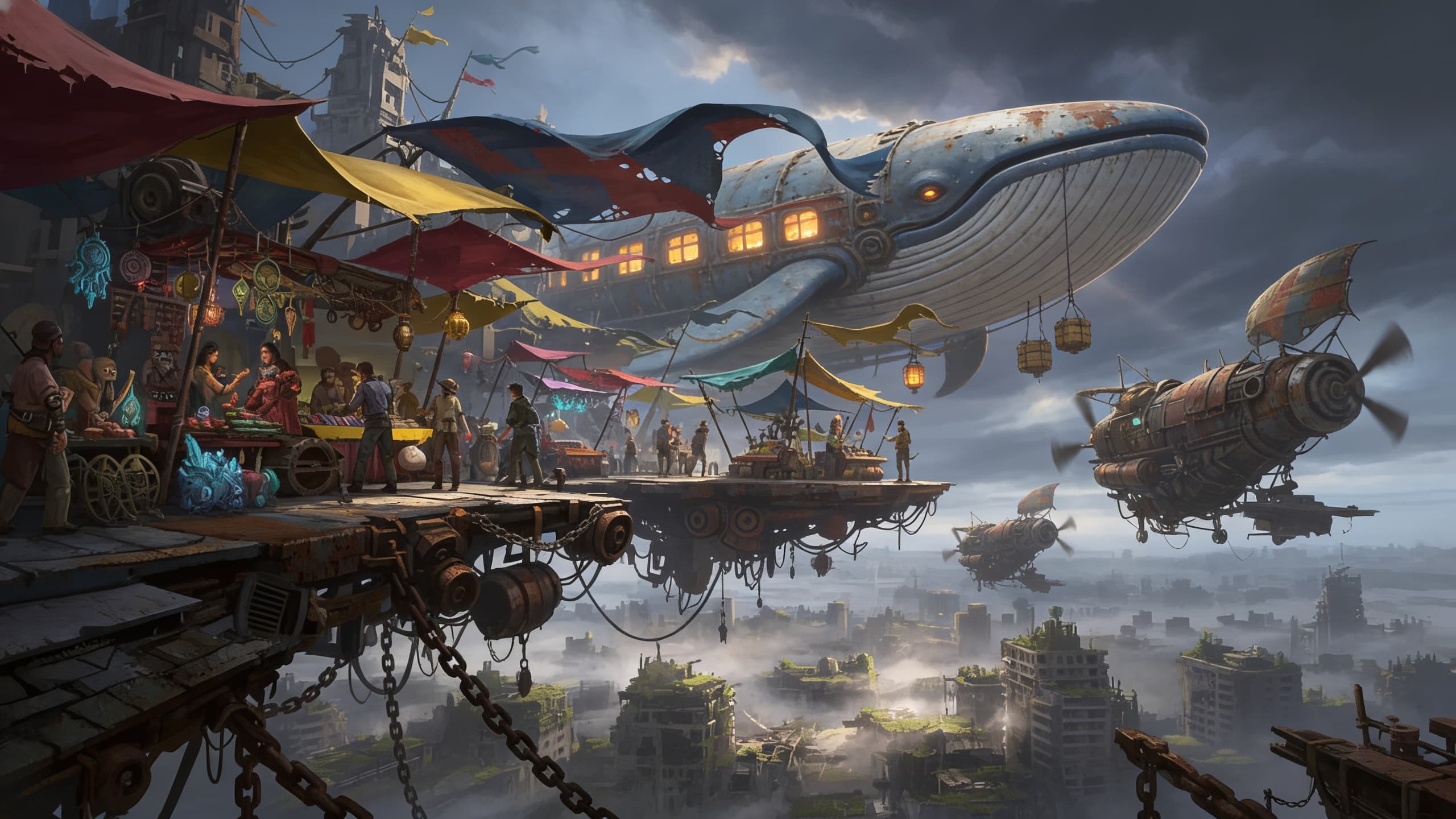 Keep the original post-apocalyptic sky market, floating metal platforms, ruined city below, colorful fabric canopies, merchants, glowing artifacts, patched airships, storm clouds, and adventurous atmosphere. Add a massive friendly mechanical whale-shaped airship slowly passing behind the market, with glowing windows and hanging cargo lanterns. Add small birds and wind-blown fabric details to emphasize scale and motion. Preserve the original market layout, cinematic composition, rusted machinery textures, and vibrant post-apocalyptic mood. Keep the original post-apocalyptic sky market, floating metal platforms, ruined city below, colorful fabric canopies, merchants, glowing artifacts, patched airships, storm clouds, and adventurous atmosphere. Add a massive friendly mechanical whale-shaped airship slowly passing behind the market, with glowing windows and hanging cargo lanterns. Add small birds and wind-blown fabric details to emphasize scale and motion. Preserve the original market layout, cinematic composition, rusted machinery textures, and vibrant post-apocalyptic mood. CVY.AI
