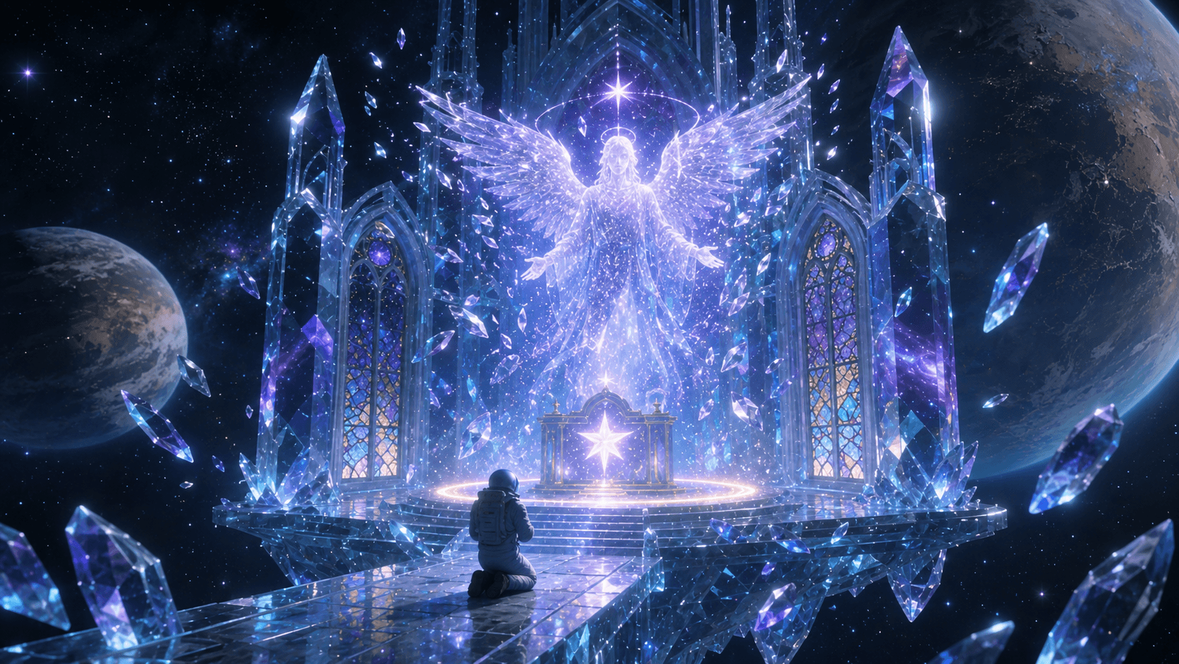 Keep the original crystal cathedral drifting in deep space, transparent glass towers, galaxy reflections, stained-glass windows, lone astronaut, glowing star altar, and massive planets outside. Add a radiant cosmic angel-like figure made of starlight and crystal fragments appearing above the altar, with soft violet-blue light illuminating the astronaut and cathedral floor. Add delicate floating glass shards orbiting slowly around the altar. Preserve the sacred sci-fi fantasy atmosphere, deep space background, cinematic lighting, and ultra-detailed crystal textures. Keep the original crystal cathedral drifting in deep space, transparent glass towers, galaxy reflections, stained-glass windows, lone astronaut, glowing star altar, and massive planets outside. Add a radiant cosmic angel-like figure made of starlight and crystal fragments appearing above the altar, with soft violet-blue light illuminating the astronaut and cathedral floor. Add delicate floating glass shards orbiting slowly around the altar. Preserve the sacred sci-fi fantasy atmosphere, deep space background, cinematic lighting, and ultra-detailed crystal textures. CVY.AI