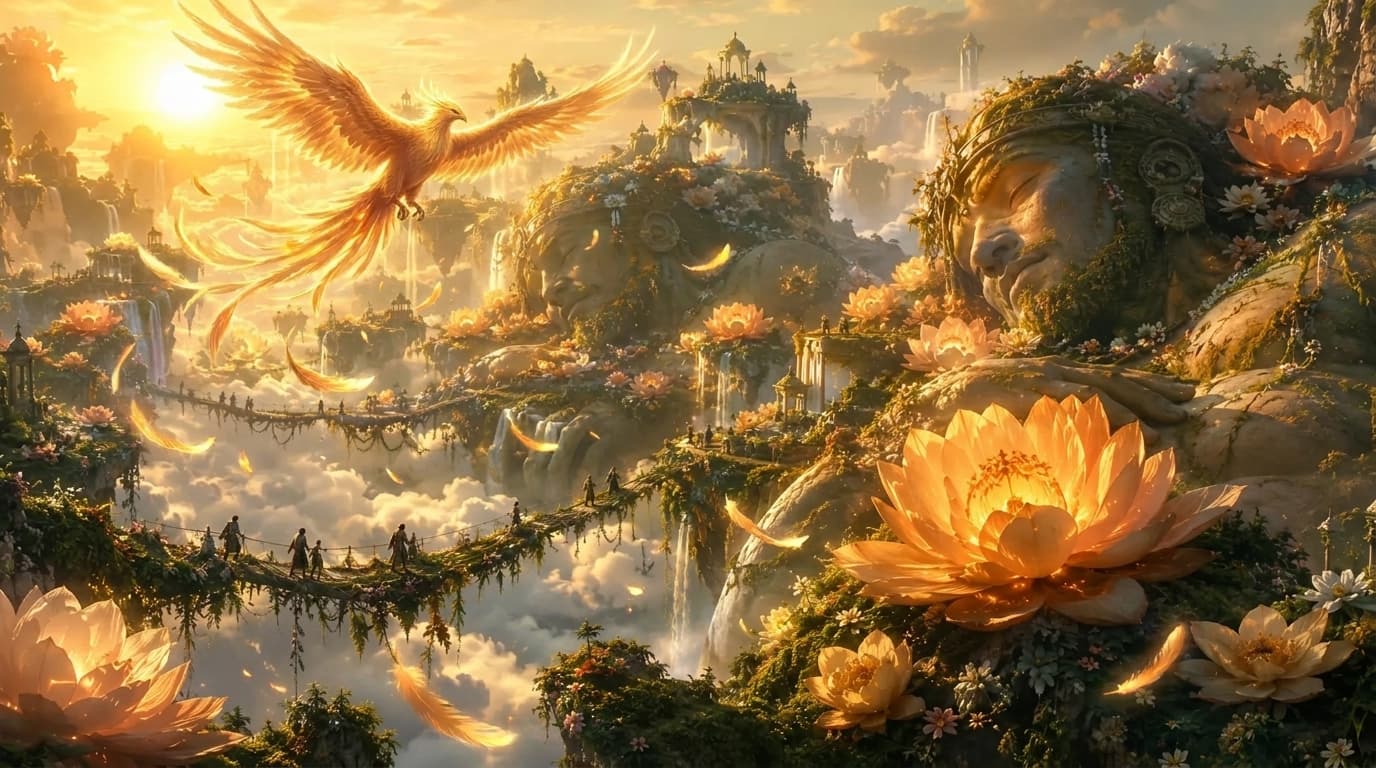 Keep the original floating fantasy garden above the clouds, sleeping ancient giants, colossal glowing flowers, waterfalls, tiny human explorers, vine bridges, golden sunrise light, and soft mist. Add a majestic phoenix made of warm golden light flying above the sleeping giants, with glowing feathers drifting downward into the garden. Add subtle golden highlights on the flower petals and cloud mist. Do not change the giants’ positions or the explorers’ scale. Preserve the epic fantasy scale, dreamlike atmosphere, and cinematic composition. Keep the original floating fantasy garden above the clouds, sleeping ancient giants, colossal glowing flowers, waterfalls, tiny human explorers, vine bridges, golden sunrise light, and soft mist. Add a majestic phoenix made of warm golden light flying above the sleeping giants, with glowing feathers drifting downward into the garden. Add subtle golden highlights on the flower petals and cloud mist. Do not change the giants’ positions or the explorers’ scale. Preserve the epic fantasy scale, dreamlike atmosphere, and cinematic composition. CVY.AI