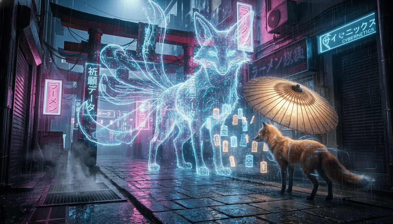 Keep the original cyberpunk shrine, rainy neon alley, torii gates, holographic kanji signs, wet reflective pavement, and fox spirit under the umbrella. Add a giant translucent holographic kitsune spirit emerging behind the shrine, with nine glowing tails made of blue and magenta light. Add more rain droplets catching neon reflections, and make the floating digital prayer tablets swirl gently around the fox spirit. Preserve the original composition, Japanese sci-fi fantasy mood, cinematic lighting, and high-detail neon atmosphere. Keep the original cyberpunk shrine, rainy neon alley, torii gates, holographic kanji signs, wet reflective pavement, and fox spirit under the umbrella. Add a giant translucent holographic kitsune spirit emerging behind the shrine, with nine glowing tails made of blue and magenta light. Add more rain droplets catching neon reflections, and make the floating digital prayer tablets swirl gently around the fox spirit. Preserve the original composition, Japanese sci-fi fantasy mood, cinematic lighting, and high-detail neon atmosphere. CVY.AI