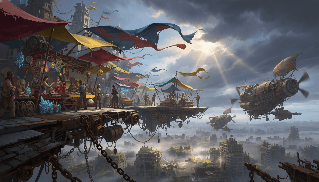 A spectacular post-apocalyptic sky market built on floating metal platforms above a ruined city, colorful fabric canopies waving in strong wind, merchants trading strange relics and glowing artifacts, patched airships docking nearby, sunlight breaking through storm clouds, rusted machinery mixed with vibrant life, cinematic composition, ultra-detailed, adventurous atmosphere, concept art, 8k A spectacular post-apocalyptic sky market built on floating metal platforms above a ruined city, colorful fabric canopies waving in strong wind, merchants trading strange relics and glowing artifacts, patched airships docking nearby, sunlight breaking through storm clouds, rusted machinery mixed with vibrant life, cinematic composition, ultra-detailed, adventurous atmosphere, concept art, 8k CVY.AI