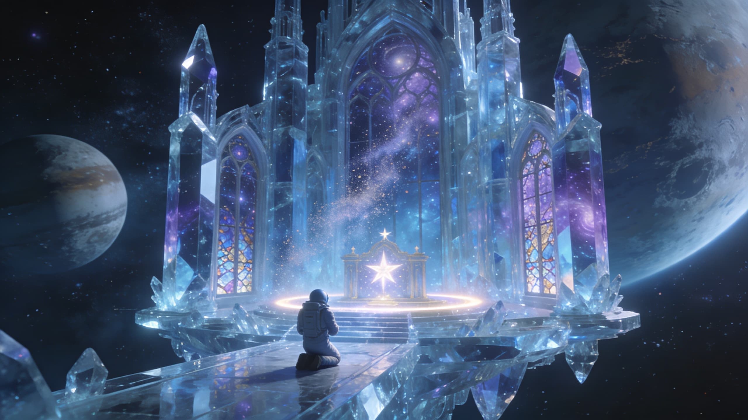 A surreal crystal cathedral drifting in deep space, transparent glass-like towers reflecting distant galaxies, cosmic dust flowing through stained-glass windows, a lone astronaut kneeling before a glowing star altar, massive planets visible outside, ethereal blue and violet lighting, mysterious sacred atmosphere, ultra-detailed, cinematic sci-fi fantasy, majestic, 8k A surreal crystal cathedral drifting in deep space, transparent glass-like towers reflecting distant galaxies, cosmic dust flowing through stained-glass windows, a lone astronaut kneeling before a glowing star altar, massive planets visible outside, ethereal blue and violet lighting, mysterious sacred atmosphere, ultra-detailed, cinematic sci-fi fantasy, majestic, 8k CVY.AI