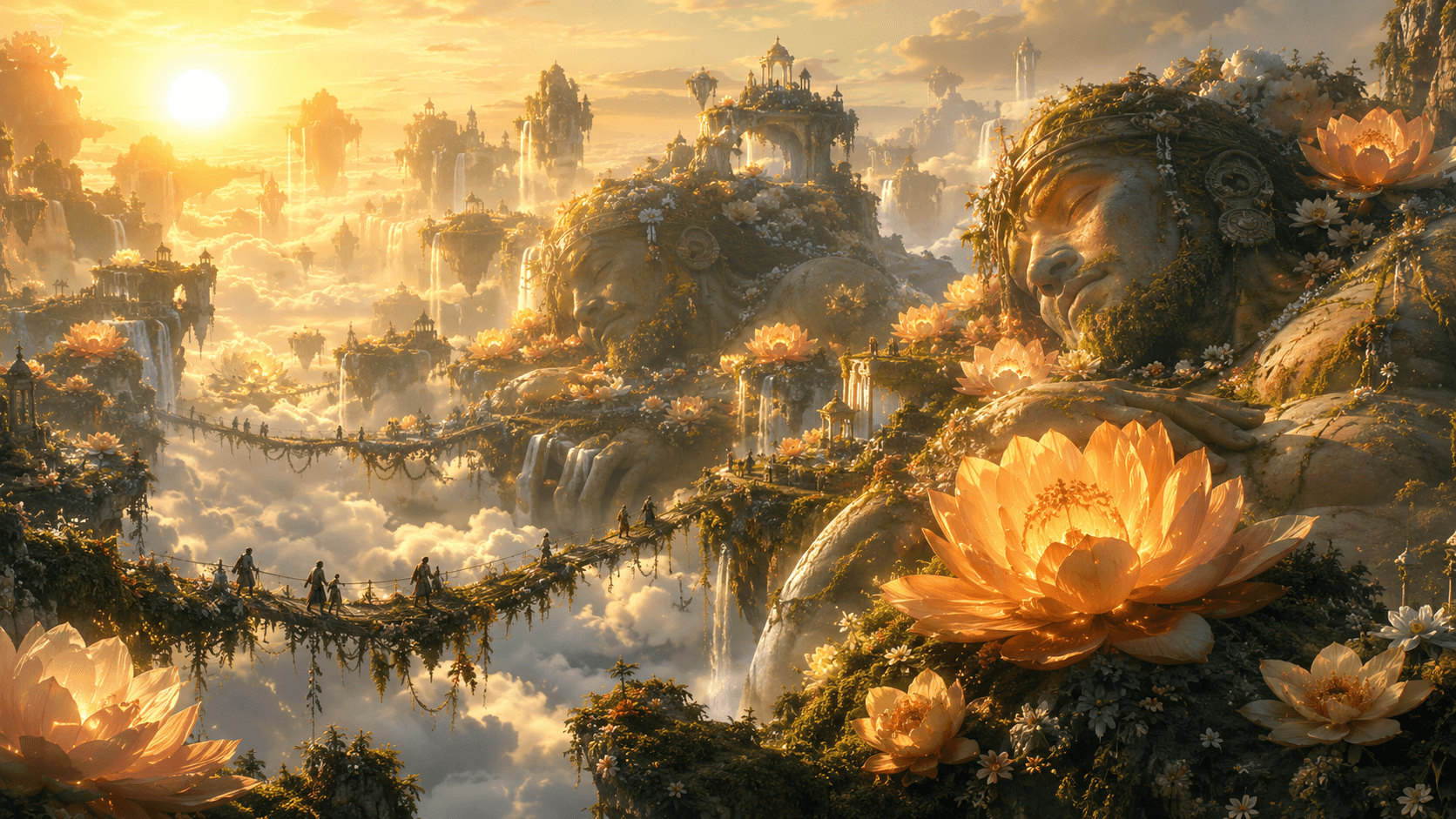 A breathtaking fantasy garden floating above the clouds, enormous ancient giants sleeping peacefully among colossal glowing flowers, waterfalls falling from cloud islands into the sky, tiny human explorers walking across vine bridges, golden sunrise light, soft mist, magical atmosphere, epic scale, highly detailed, cinematic composition, dreamlike fantasy concept art, 8k A breathtaking fantasy garden floating above the clouds, enormous ancient giants sleeping peacefully among colossal glowing flowers, waterfalls falling from cloud islands into the sky, tiny human explorers walking across vine bridges, golden sunrise light, soft mist, magical atmosphere, epic scale, highly detailed, cinematic composition, dreamlike fantasy concept art, 8k CVY.AI