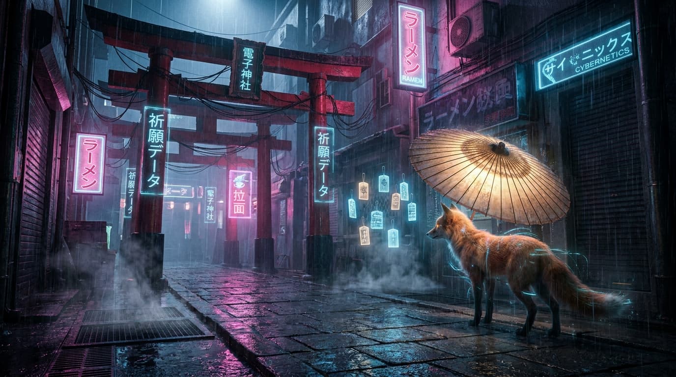 A cinematic cyberpunk shrine hidden in a rainy neon alley of futuristic Kyoto, ancient red torii gates mixed with holographic kanji signs, wet stone pavement reflecting pink and blue neon lights, a silent fox spirit standing under a paper umbrella, glowing digital prayer tablets floating in the air, misty atmosphere, ultra-detailed, dramatic lighting, elegant Japanese sci-fi fantasy, high contrast, 8k A cinematic cyberpunk shrine hidden in a rainy neon alley of futuristic Kyoto, ancient red torii gates mixed with holographic kanji signs, wet stone pavement reflecting pink and blue neon lights, a silent fox spirit standing under a paper umbrella, glowing digital prayer tablets floating in the air, misty atmosphere, ultra-detailed, dramatic lighting, elegant Japanese sci-fi fantasy, high contrast, 8k CVY.AI