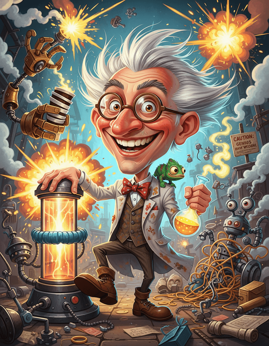 A stunning caricature-style illustration of an eccentric inventor standing proudly in a chaotic laboratory, huge expressive eyes, oversized head, wild hair, tiny round glasses, exaggerated confident grin, strange machines exploding with colorful sparks behind him, mechanical arms holding blueprints and coffee cups, humorous details everywhere, highly polished digital illustration, vibrant colors, dynamic composition, playful and charming A stunning caricature-style illustration of an eccentric inventor standing proudly in a chaotic laboratory, huge expressive eyes, oversized head, wild hair, tiny round glasses, exaggerated confident grin, strange machines exploding with colorful sparks behind him, mechanical arms holding blueprints and coffee cups, humorous details everywhere, highly polished digital illustration, vibrant colors, dynamic composition, playful and charming CVY.AI