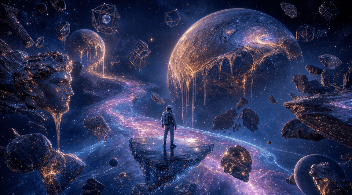 A surreal cosmic landscape in deep space, a lone astronaut standing on a floating glass-like asteroid, enormous planets melting like liquid metal in the background, glowing nebula rivers flowing through the stars, impossible geometric structures orbiting silently, fragments of ancient statues drifting in zero gravity, dreamlike atmosphere, cinematic lighting, ultra-detailed, ethereal colors, volumetric glow, high contrast, mysterious and majestic, concept art, 8k A surreal cosmic landscape in deep space, a lone astronaut standing on a floating glass-like asteroid, enormous planets melting like liquid metal in the background, glowing nebula rivers flowing through the stars, impossible geometric structures orbiting silently, fragments of ancient statues drifting in zero gravity, dreamlike atmosphere, cinematic lighting, ultra-detailed, ethereal colors, volumetric glow, high contrast, mysterious and majestic, concept art, 8k CVY.AI