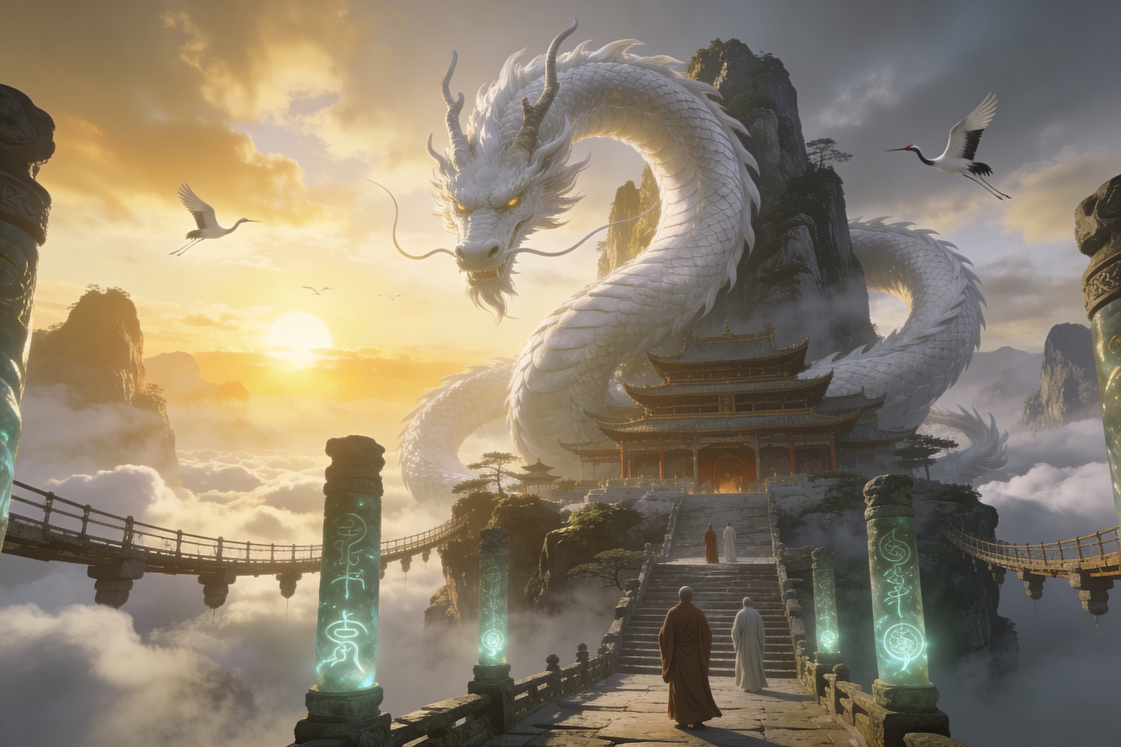An epic ancient Eastern fantasy scene, a colossal white dragon coiling around a floating mountain temple above a sea of clouds, golden sunrise breaking through mist, ancient stone bridges suspended in the sky, monks in flowing robes standing silently on the temple steps, glowing runes carved into jade pillars, cranes flying through the clouds, majestic and mysterious atmosphere, cinematic composition, ultra-detailed, volumetric light, fantasy concept art, dramatic scale, 8k An epic ancient Eastern fantasy scene, a colossal white dragon coiling around a floating mountain temple above a sea of clouds, golden sunrise breaking through mist, ancient stone bridges suspended in the sky, monks in flowing robes standing silently on the temple steps, glowing runes carved into jade pillars, cranes flying through the clouds, majestic and mysterious atmosphere, cinematic composition, ultra-detailed, volumetric light, fantasy concept art, dramatic scale, 8k CVY.AI
