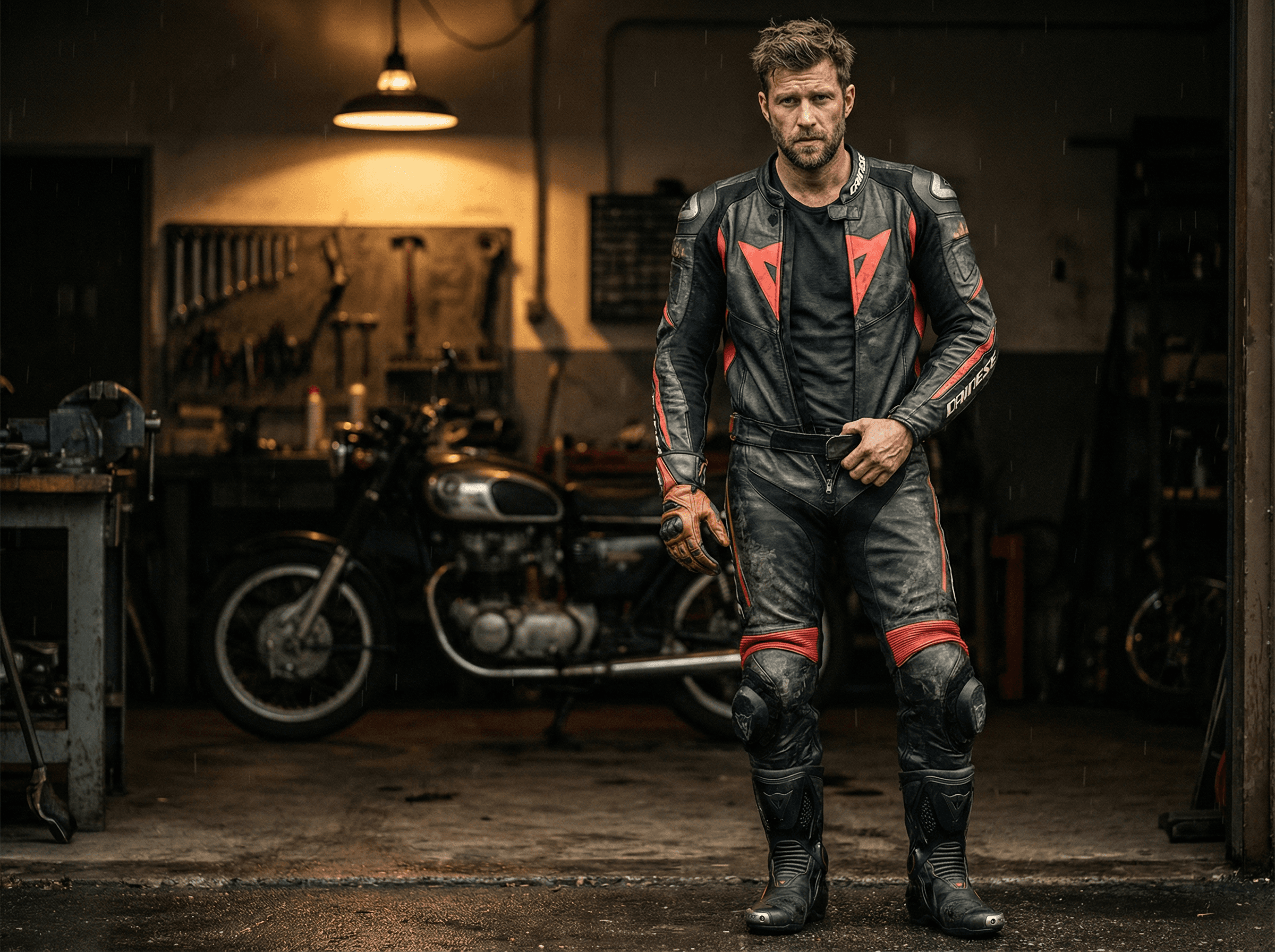 A muscular biker, dressed in a full Dainese suit, boots, and gloves, but without a helmet, handsome, 30-year-old, and sexy.