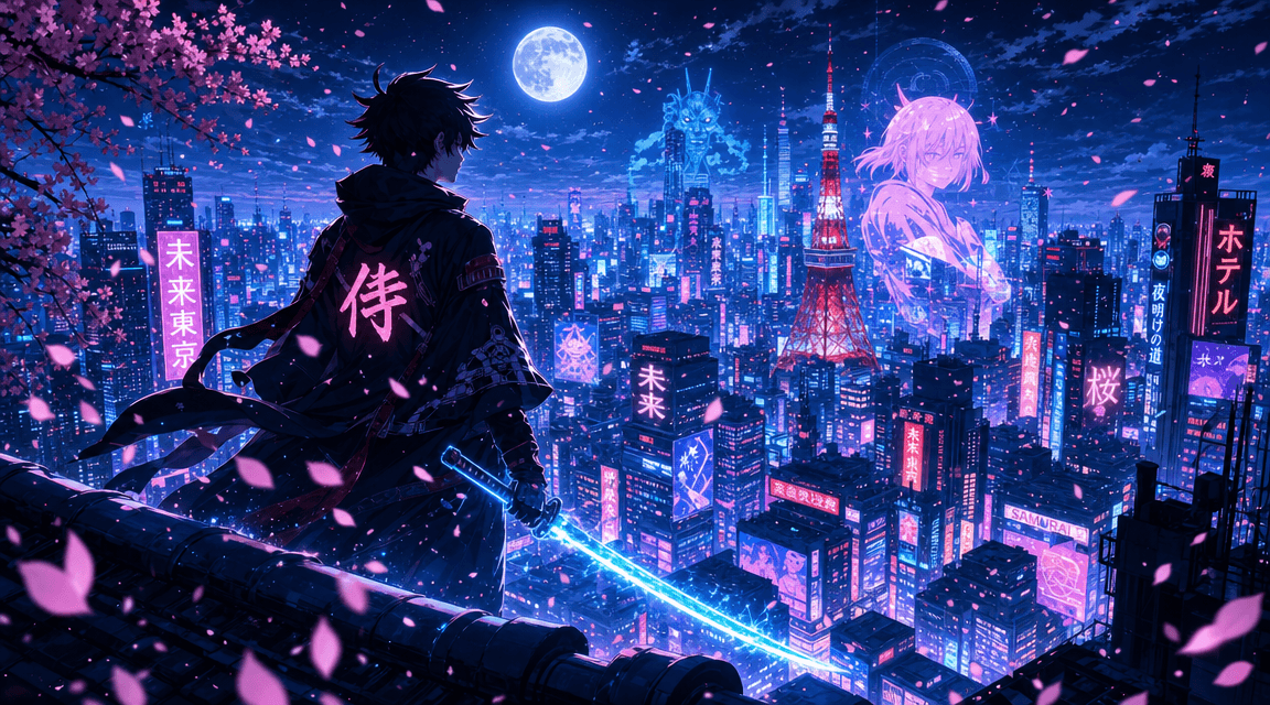 Keep the original rooftop scene, futuristic Tokyo skyline, neon holograms, moonlight, cherry blossoms, and Japanese anime style. Add a glowing blue energy sword in the young hero’s right hand, casting a subtle cyan light onto the hero’s clothes and nearby rooftop surface. Add more cherry blossom petals swirling dramatically around the character. Do not change the hero’s face, pose, or overall silhouette. Maintain sharp anime linework, vibrant colors, and cinematic emotional lighting. Keep the original rooftop scene, futuristic Tokyo skyline, neon holograms, moonlight, cherry blossoms, and Japanese anime style. Add a glowing blue energy sword in the young hero’s right hand, casting a subtle cyan light onto the hero’s clothes and nearby rooftop surface. Add more cherry blossom petals swirling dramatically around the character. Do not change the hero’s face, pose, or overall silhouette. Maintain sharp anime linework, vibrant colors, and cinematic emotional lighting. CVY.AI