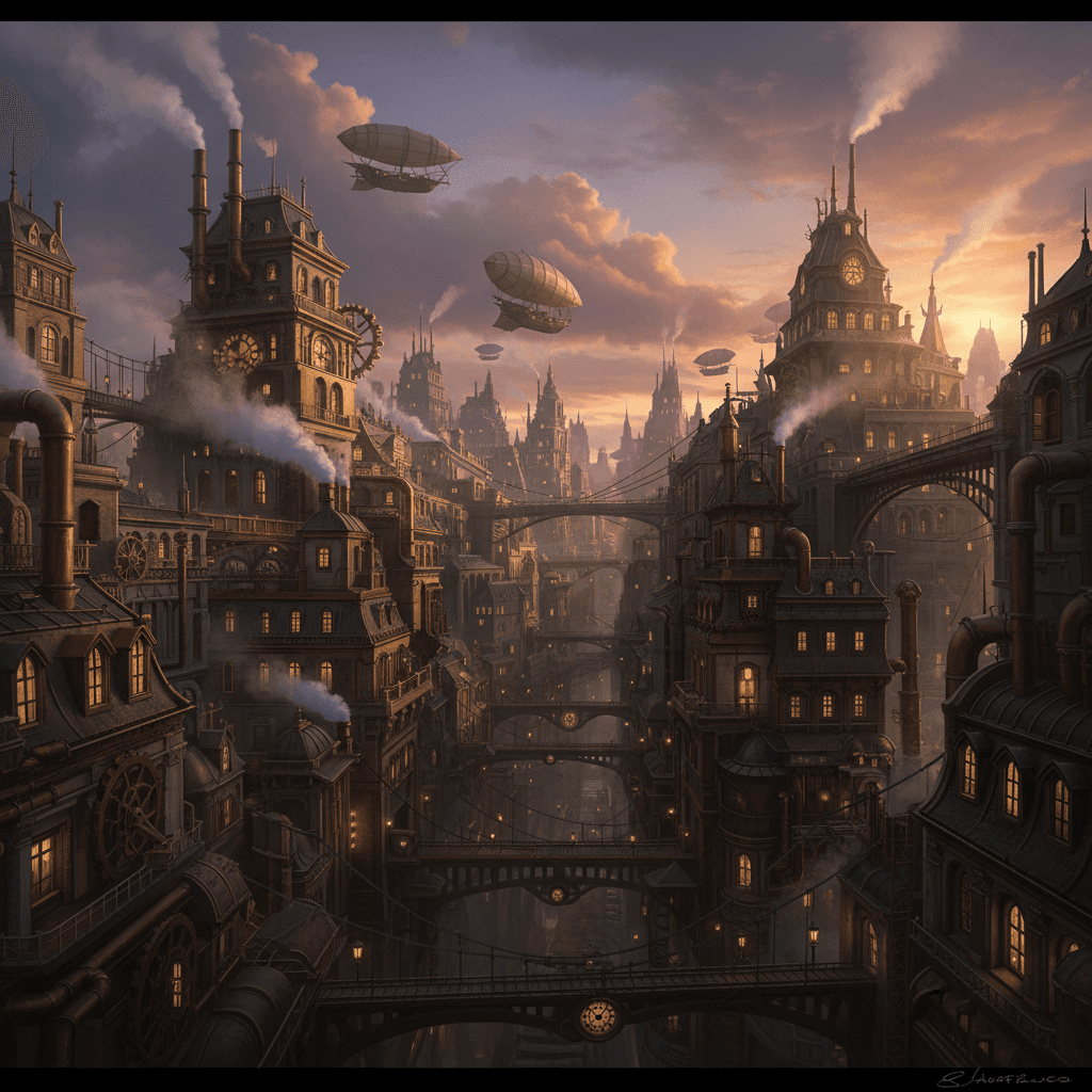 A highly detailed steampunk city at dusk, towering brass buildings with copper pipes, giant rotating gears, steam vents, airships floating between smoky clouds, warm golden light from Victorian street lamps, intricate mechanical details, retro-futuristic atmosphere, elegant Victorian architecture mixed with industrial machinery, cinematic composition, volumetric lighting, dramatic clouds, ultra-detailed, realistic textures, high contrast, 8k, concept art style A highly detailed steampunk city at dusk, towering brass buildings with copper pipes, giant rotating gears, steam vents, airships floating between smoky clouds, warm golden light from Victorian street lamps, intricate mechanical details, retro-futuristic atmosphere, elegant Victorian architecture mixed with industrial machinery, cinematic composition, volumetric lighting, dramatic clouds, ultra-detailed, realistic textures, high contrast, 8k, concept art style CVY.AI
