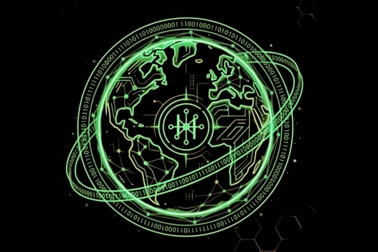 Animate the provided static image as a seamless looping sci-fi hologram.
The central green globe with continents slowly rotates clockwise around its vertical axis.
The outer ring made of binary code orbits around the globe counter-clockwise, spinning in the opposite direction, with a subtle 3D orbital tilt.
The letter "H" in the center pulses rhythmically: it grows larger, then shrinks back to its original size, like a slow heartbeat.
Keep the original flat vector line-art style, glowing neon green color, thin lines, white background, and all existing details intact.
No camera movement. No extra elements. Smooth continuous loop. 2D animation with slight 3D depth. Clean high contrast. Animate the provided static image as a seamless looping sci-fi hologram.
The central green globe with continents slowly rotates clockwise around its vertical axis.
The outer ring made of binary code orbits around the globe counter-clockwise, spinning in the opposite direction, with a subtle 3D orbital tilt.
The letter "H" in the center pulses rhythmically: it grows larger, then shrinks back to its original size, like a slow heartbeat.
Keep the original flat vector line-art style, glowing neon green color, thin lines, white background, and all existing details intact.
No camera movement. No extra elements. Smooth continuous loop. 2D animation with slight 3D depth. Clean high contrast. CVY.AI