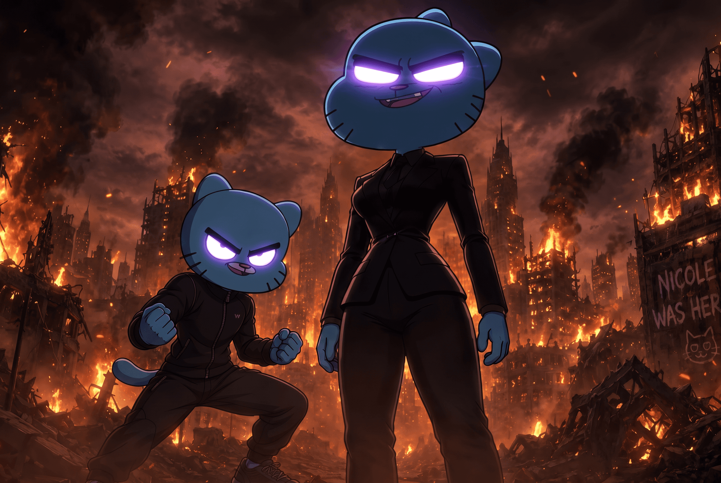 Make this image into a GIF and have a moving background of fire and smoke. Do not change or move the characters. Make this image into a GIF and have a moving background of fire and smoke. Do not change or move the characters. CVY.AI