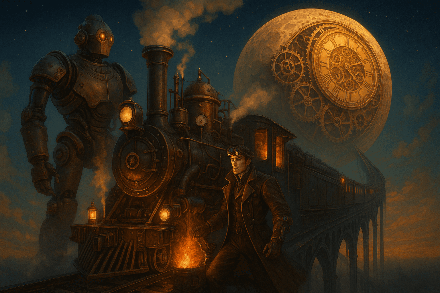 A man drives a very old train to the moon, with a steam-powered robot alongside him. A man drives a very old train to the moon, with a steam-powered robot alongside him. CVY.AI