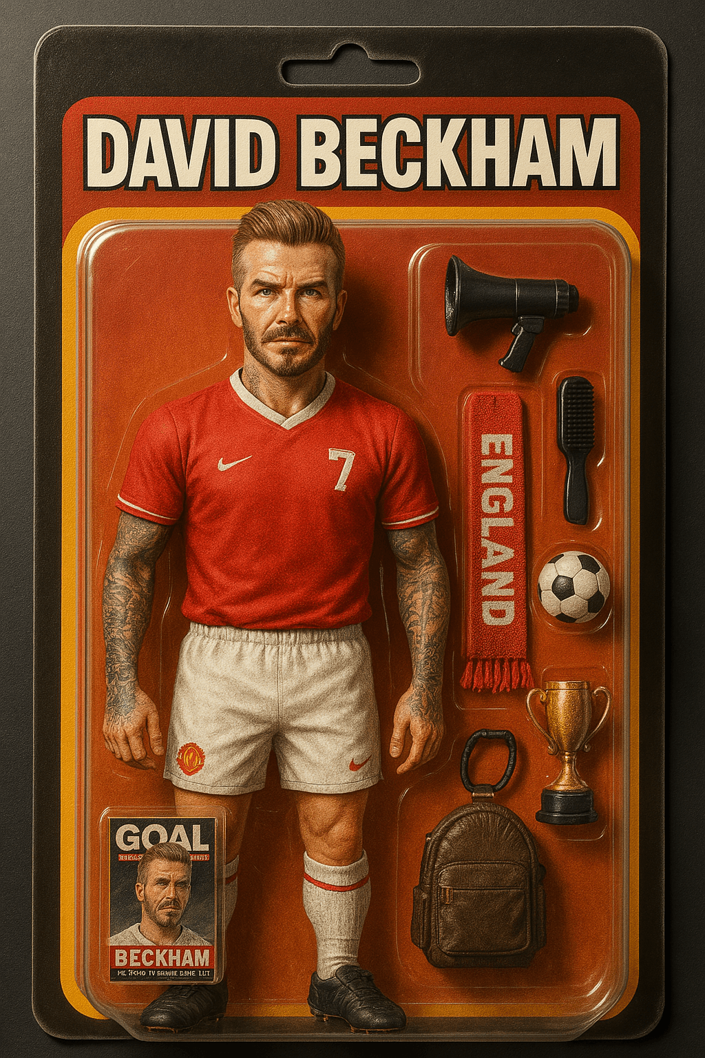 Create an illustration of "David Beckham" as a realistic action figure. Make it highly detailed using what you know about his personality and interests. Include several unique items inside the packaging that symbolize who he is. Create an illustration of "David Beckham" as a realistic action figure. Make it highly detailed using what you know about his personality and interests. Include several unique items inside the packaging that symbolize who he is. CVY.AI