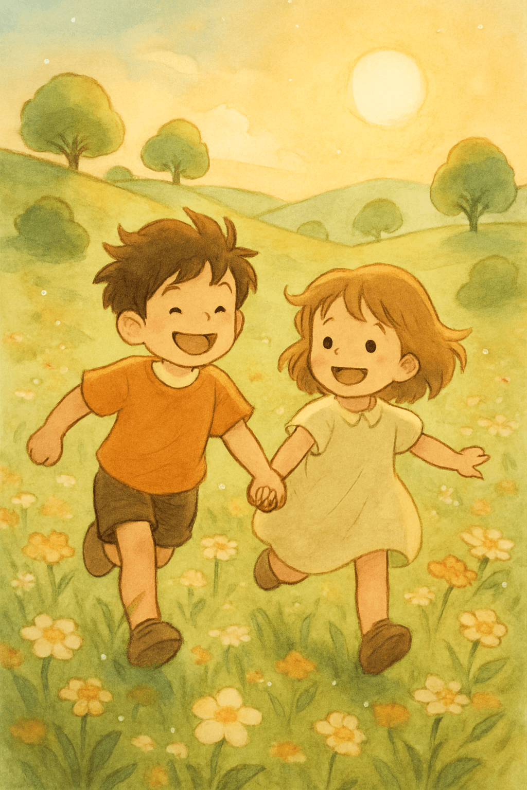 a boy is running with a girl, hand in hand