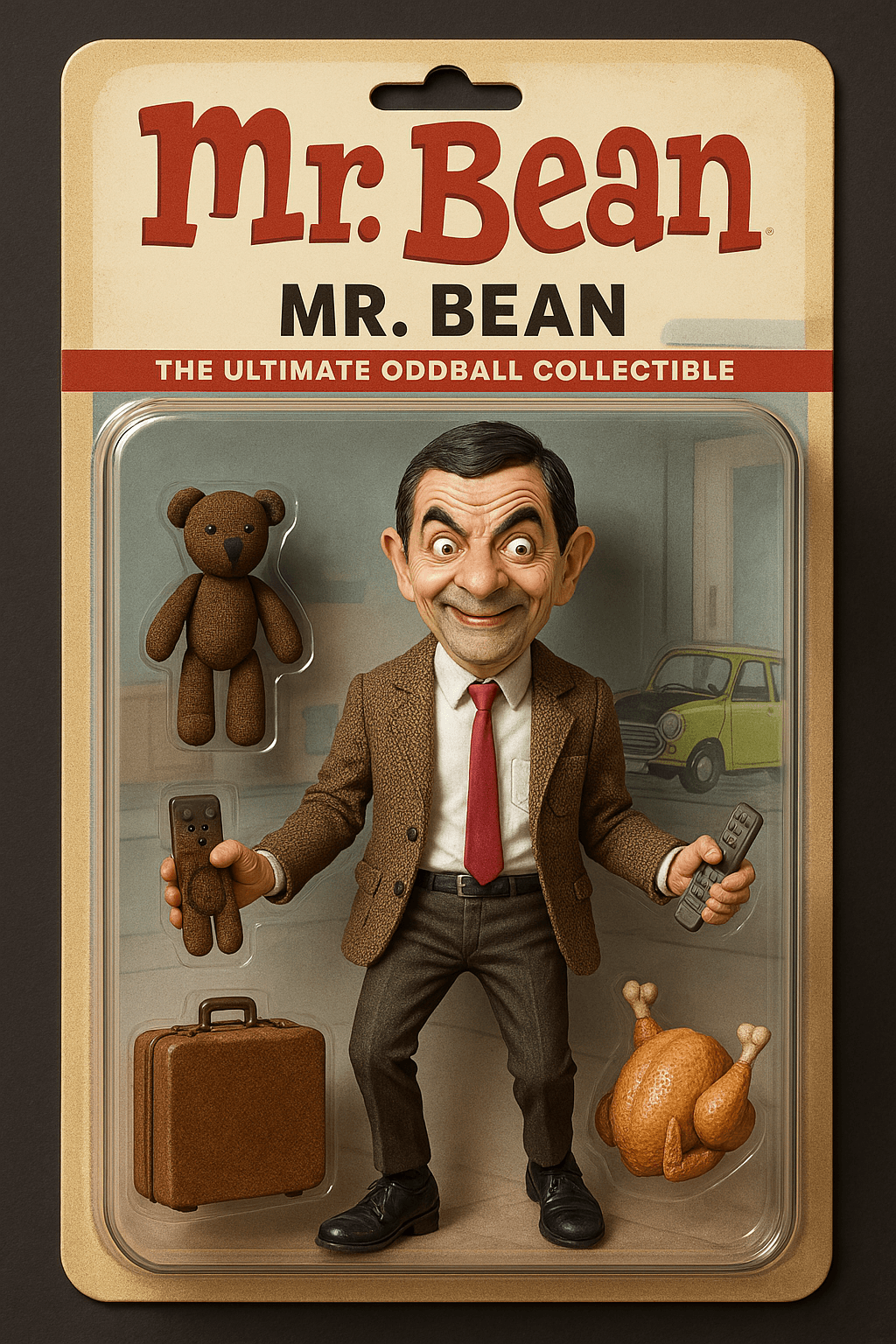 Create a realistic and humorous action figure of Mr. Bean, the iconic British comedy character played by Rowan Atkinson.
The figure should be designed as a collectible action toy, capturing his quirky personality and classic look.
Key Elements:
Character Design: Accurately depict Mr. Bean’s exaggerated facial expression, distinctive features, and comedic body posture.
Outfit: Signature brown tweed jacket, white shirt, thin red tie, dark trousers, and black shoes. Include a slightly awkward or goofy pose that reflects his clumsy yet lovable charm. Accessories: Include miniature props that are instantly recognizable from the show, such as: Teddy (his beloved stuffed bear) A suitcase His iconic lime green Mini car (as a miniature or on the box design) A turkey (as a reference to the famous holiday episode) A TV remote or random quirky objects that fit his antics
Packaging Design: Place the action figure inside a detailed, collectible toy box. At the top of the box, display the title Mr. Bean in playful, bold lettering. Beneath that, include the character name "Mr. Bean", possibly with a humorous tagline like “The Ultimate Oddball Collectible.” The background design can feature a silly scene from the show (like his apartment or the car park).
Visual Style: Render the entire figure, accessories, and packaging in a highly realistic, slightly cartoonish style to capture the essence of the character while keeping a lifelike toy aesthetic. Create a realistic and humorous action figure of Mr. Bean, the iconic British comedy character played by Rowan Atkinson.
The figure should be designed as a collectible action toy, capturing his quirky personality and classic look.
Key Elements:
Character Design: Accurately depict Mr. Bean’s exaggerated facial expression, distinctive features, and comedic body posture.
Outfit: Signature brown tweed jacket, white shirt, thin red tie, dark trousers, and black shoes. Include a slightly awkward or goofy pose that reflects his clumsy yet lovable charm. Accessories: Include miniature props that are instantly recognizable from the show, such as: Teddy (his beloved stuffed bear) A suitcase His iconic lime green Mini car (as a miniature or on the box design) A turkey (as a reference to the famous holiday episode) A TV remote or random quirky objects that fit his antics
Packaging Design: Place the action figure inside a detailed, collectible toy box. At the top of the box, display the title Mr. Bean in playful, bold lettering. Beneath that, include the character name "Mr. Bean", possibly with a humorous tagline like “The Ultimate Oddball Collectible.” The background design can feature a silly scene from the show (like his apartment or the car park).
Visual Style: Render the entire figure, accessories, and packaging in a highly realistic, slightly cartoonish style to capture the essence of the character while keeping a lifelike toy aesthetic. CVY.AI
