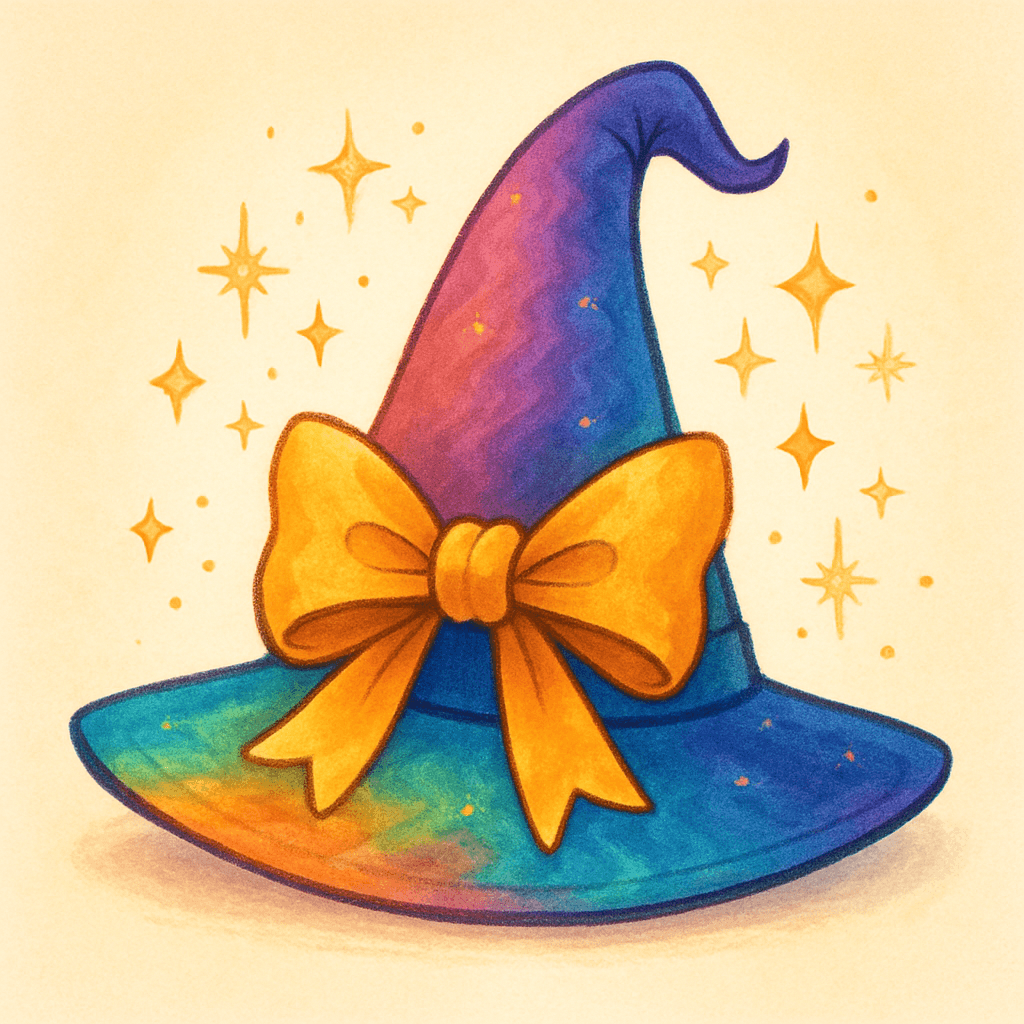 A vibrant, digital illustration of a colorful, witch hat with a large, bow-tied ribbon on its forehead, surrounded by star-like sparkles on a cream background. A vibrant, digital illustration of a colorful, witch hat with a large, bow-tied ribbon on its forehead, surrounded by star-like sparkles on a cream background. CVY.AI
