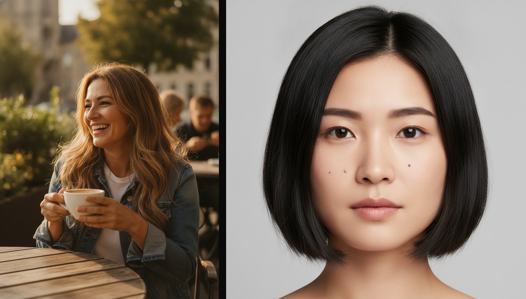 The two inputs: a laughing woman at a café table on the left, a studio headshot with a dark bob on the right