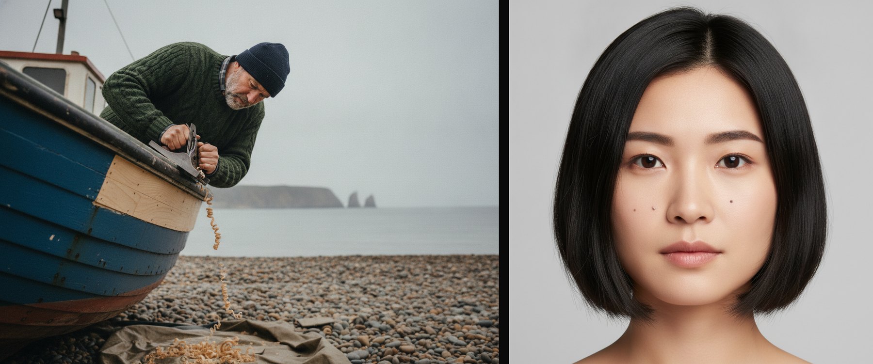 The two inputs: an older man in a wool hat leaning over a boat on the left, the studio headshot on the right