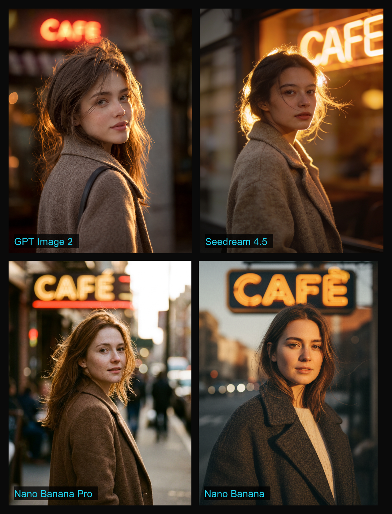 Same portrait prompt rendered by four AI image models — GPT Image 2, Seedream 4.5, Nano Banana Pro, and Nano Banana — each showing a woman in a wool coat with a neon "CAFE" sign behind her