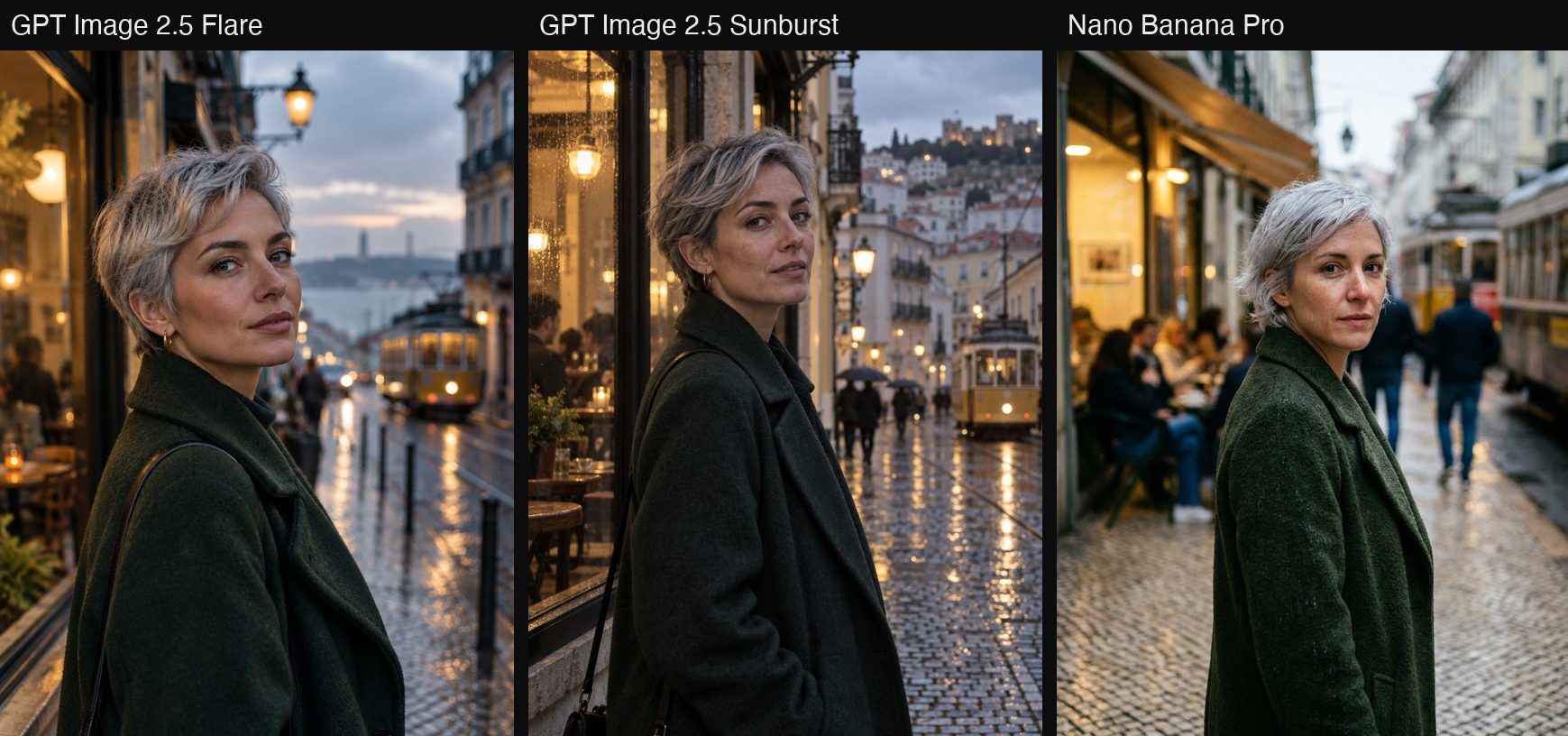 人像提示词在GPT Image 2.5 Flare、GPT Image 2.5 Sunburst和Nano Banana Pro中的结果:银发女性穿绿色大衣站在雨后的里斯本街头,身后是黄色有轨电车