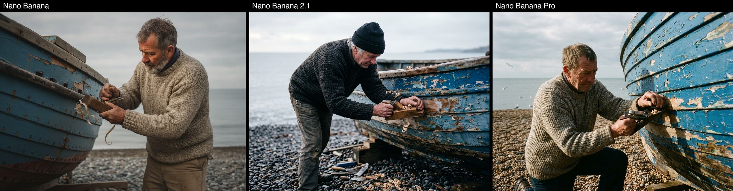 人像提示词在Nano Banana、Nano Banana 2.1和Nano Banana Pro中的结果：六十多岁的男人在卵石海滩上用刨子修一条蓝漆剥落的木船