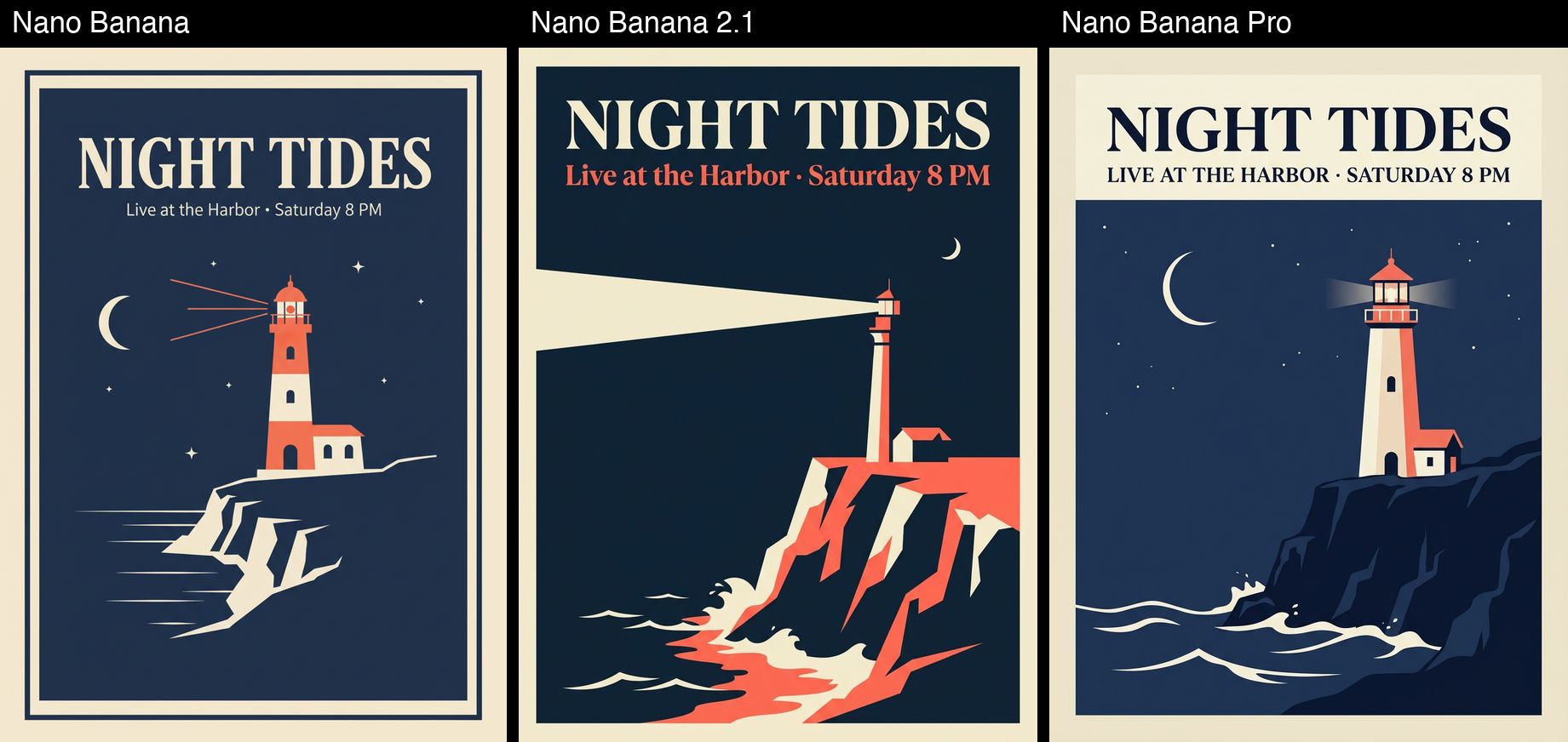 海报提示词在Nano Banana、Nano Banana 2.1和Nano Banana Pro中的结果：海军蓝底的极简海报，大标题NIGHT TIDES，悬崖上的灯塔和一弯新月