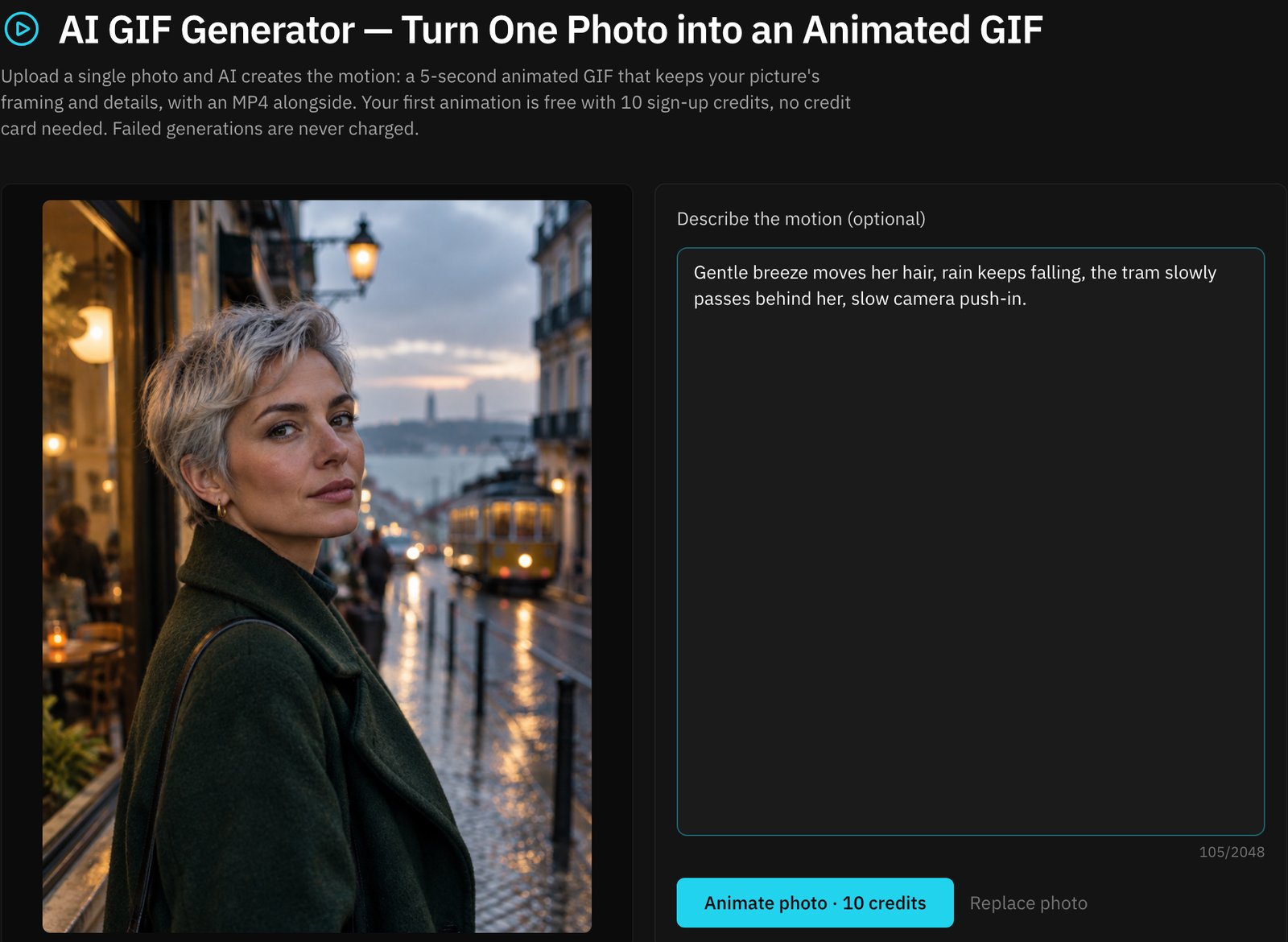 The AI GIF Generator with the street portrait loaded and a motion prompt, ready to animate for 10 credits
