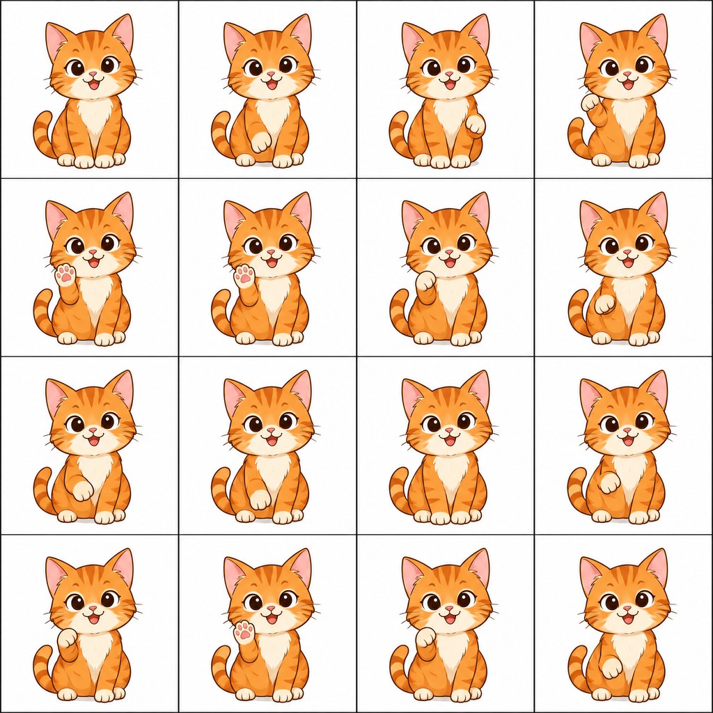 A 4×4 sprite sheet generated by GPT Image 2.5 Flare: sixteen frames of a cartoon orange cat waving its paw, separated by thin black lines