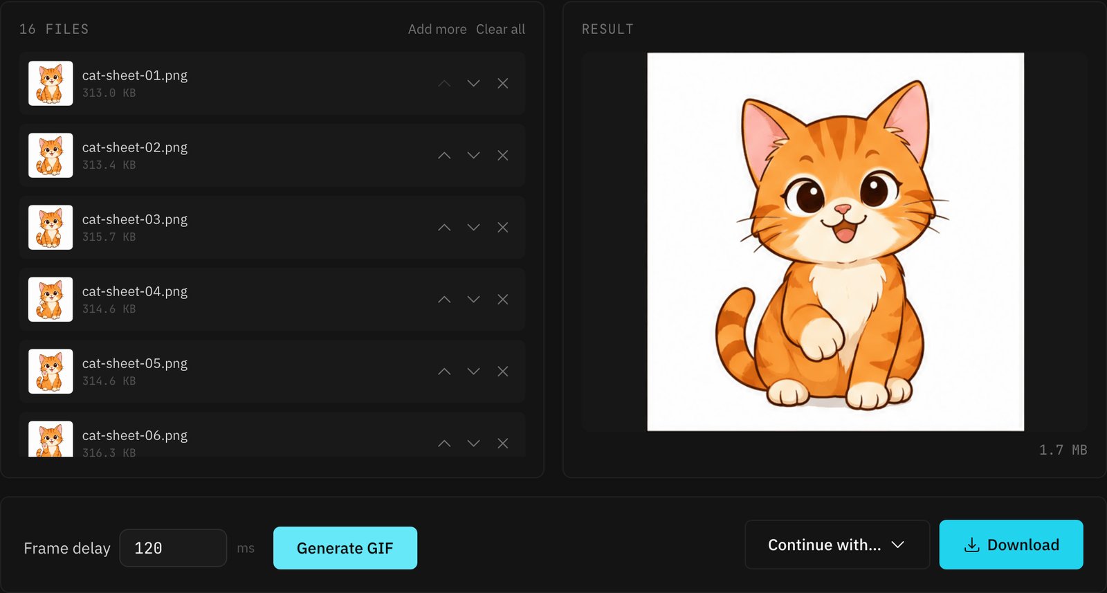 The GIF Maker with the sixteen cat tiles loaded, frame delay 120 ms, and the finished loop in the result panel