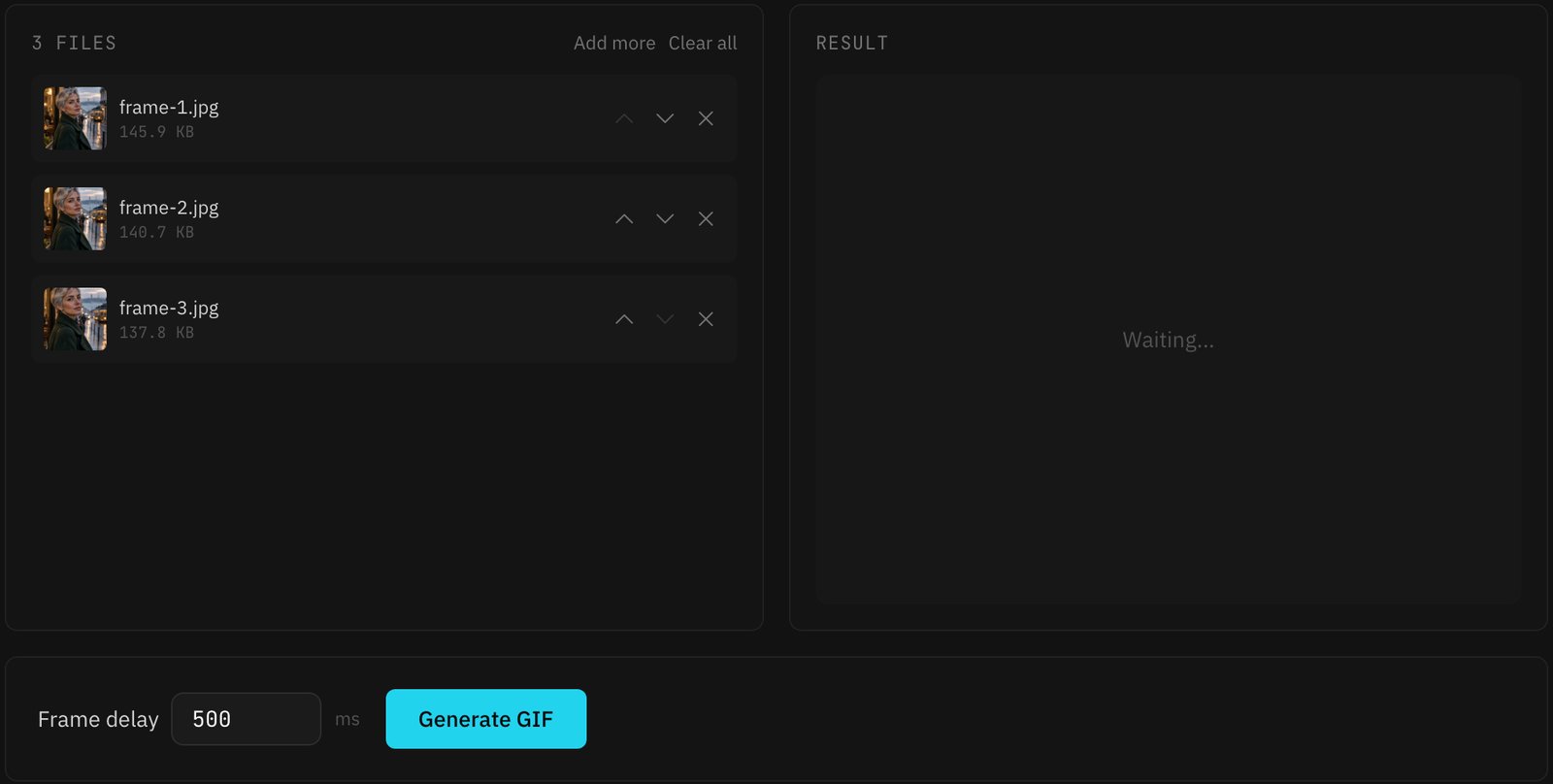 The GIF Maker with three frames loaded, frame delay set to 500 ms, and the Generate GIF button