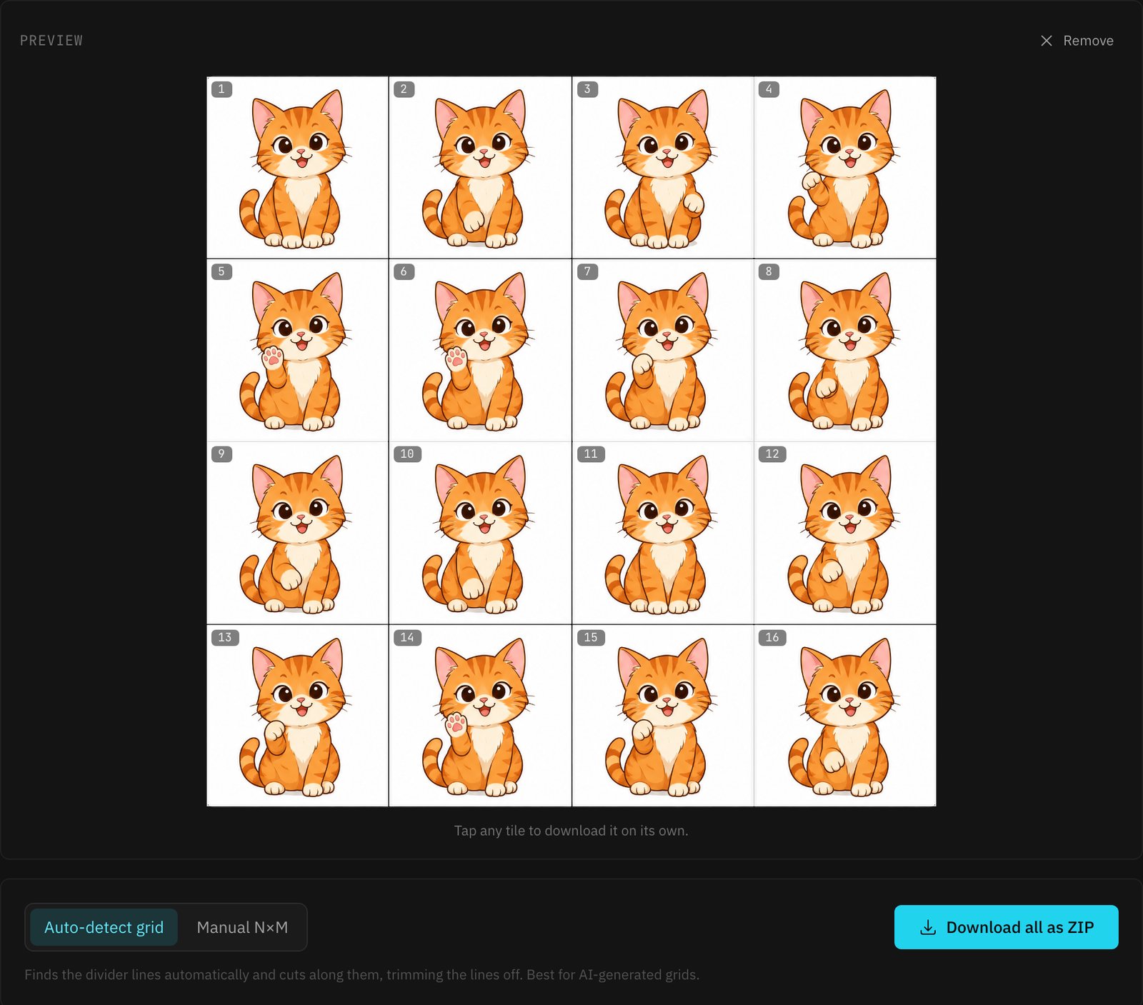 The Image Splitter in Auto-detect mode showing the cat sheet cut into sixteen numbered tiles