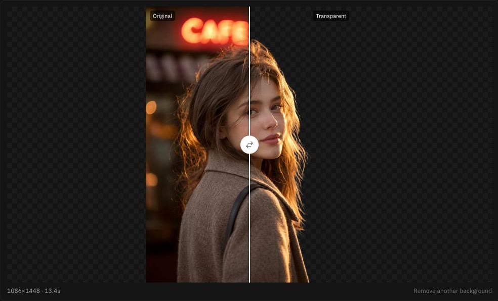 Actual portrait test: hair against a café sign compared with the transparent-background result