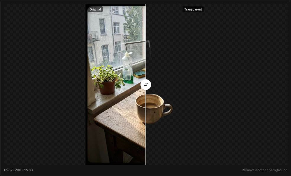 Coffee cup before and after: a window sill with a plant and a bottle on the left, only the cup on a transparent background on the right