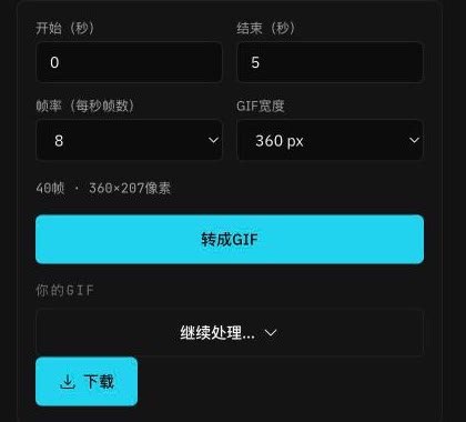 工具的设置区：开始和结束秒数，帧率选8，GIF宽度选360像素，下方显示40帧、360×207像素