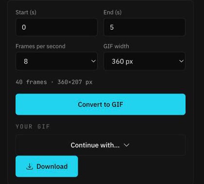 The converter's settings: start and end second, frames per second set to 8, GIF width set to 360 px, and the frame counter showing 40 frames at 360×207