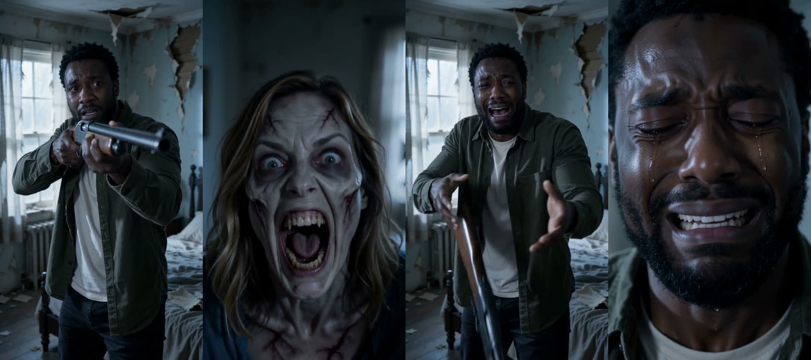 Four stills from the first half: the survivor aims a rifle, the zombie snarls, the survivor lets the rifle fall with arms open, then cries with eyes shut