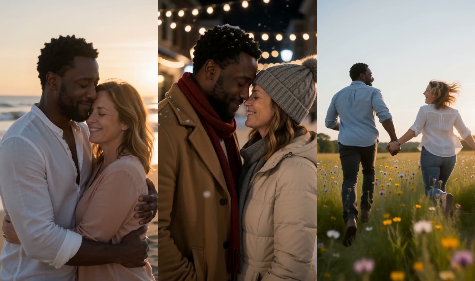 Three warm memories of the same couple: hugging on a beach at sunset, forehead to forehead on a snowy street under string lights, and running hand in hand through a wildflower field