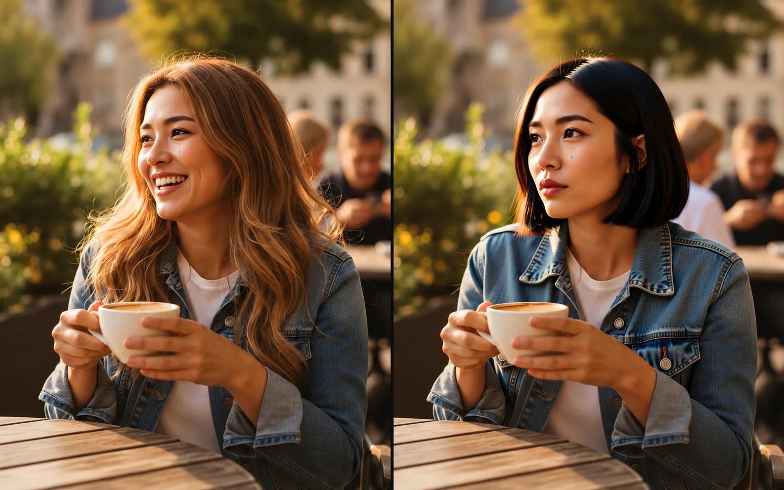 Side-by-side café portraits with long hair and a short bob