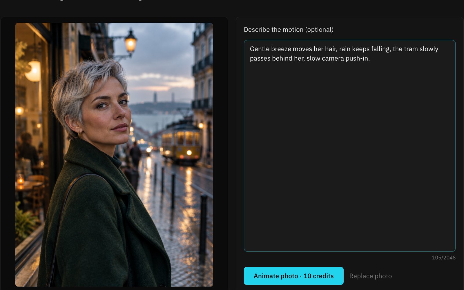 The AI GIF Generator with a street portrait loaded and a motion prompt typed in, ready to animate for 10 credits