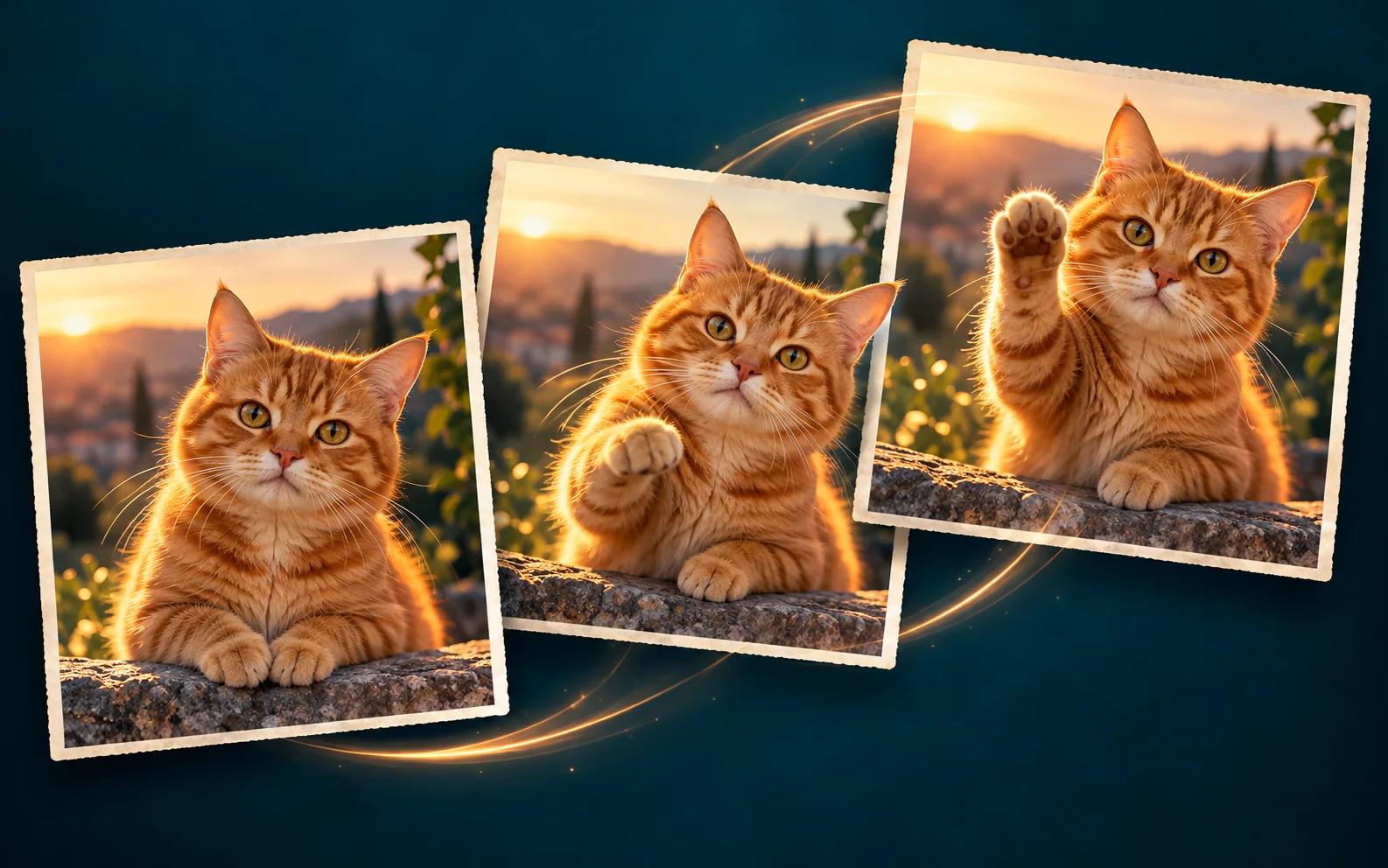 Three successive photos of an orange cat raising its paw