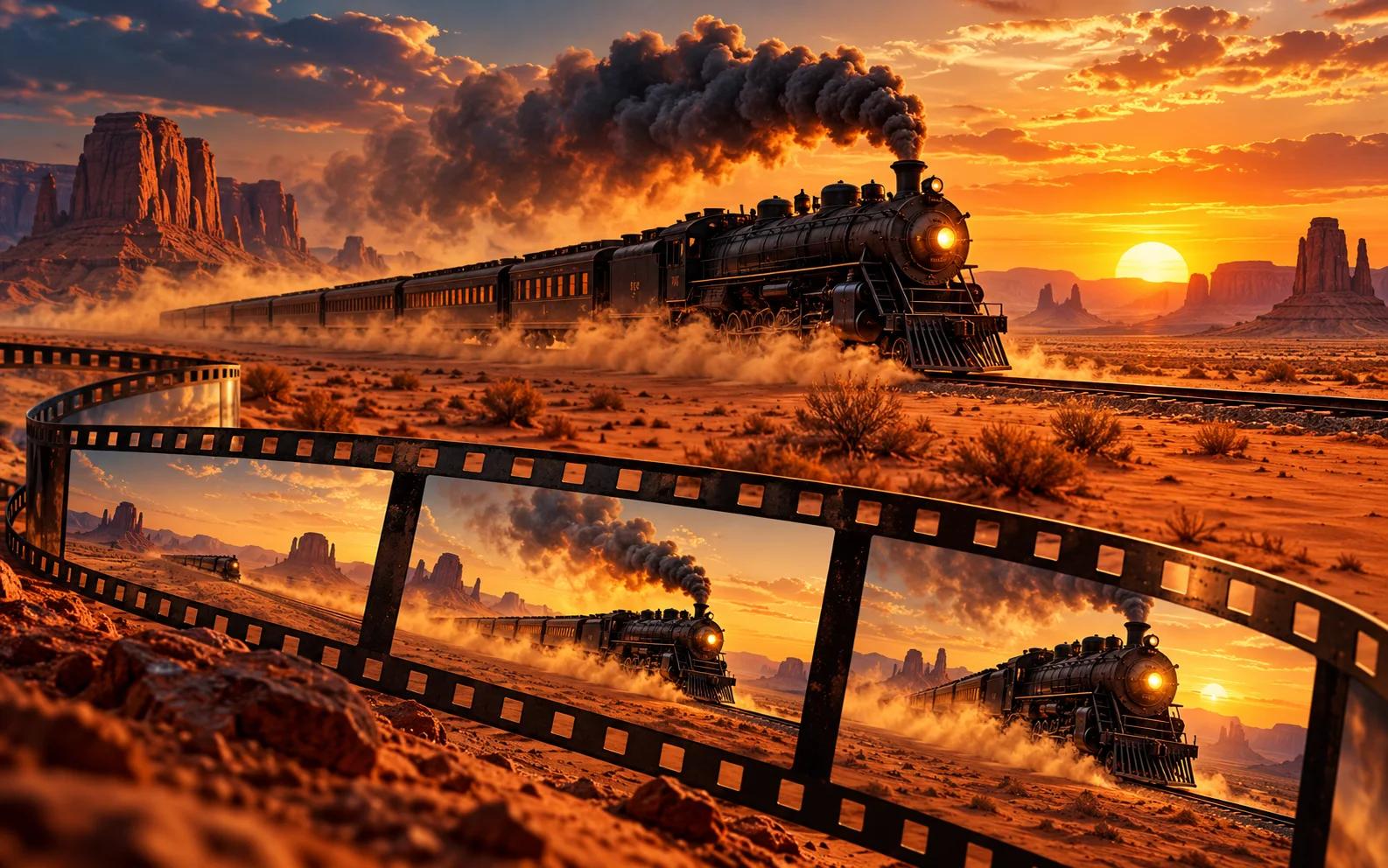 Desert train at sunset with successive film frames