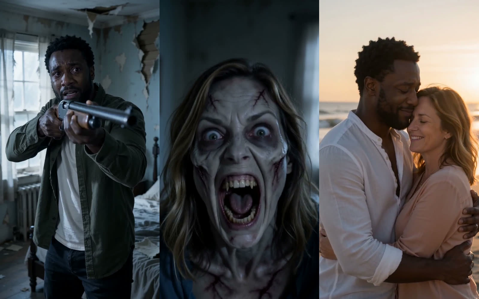 Three stills from an AI zombie couple video: the survivor aiming a rifle in a ruined bedroom, the zombie snarling, and the same couple hugging on a beach at sunset