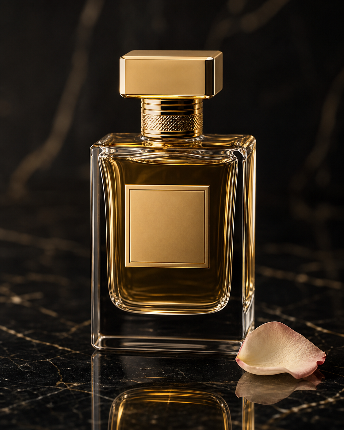 A clear glass perfume bottle with a rose-gold cap and a small engraved gold label, set on a polished cream-and-grey marble surface, soft late-afternoon window light from camera right, a single fresh pink rose petal lying beside the bottle, subtle catchlights along the glass edge, shallow depth of field, editorial luxury composition.