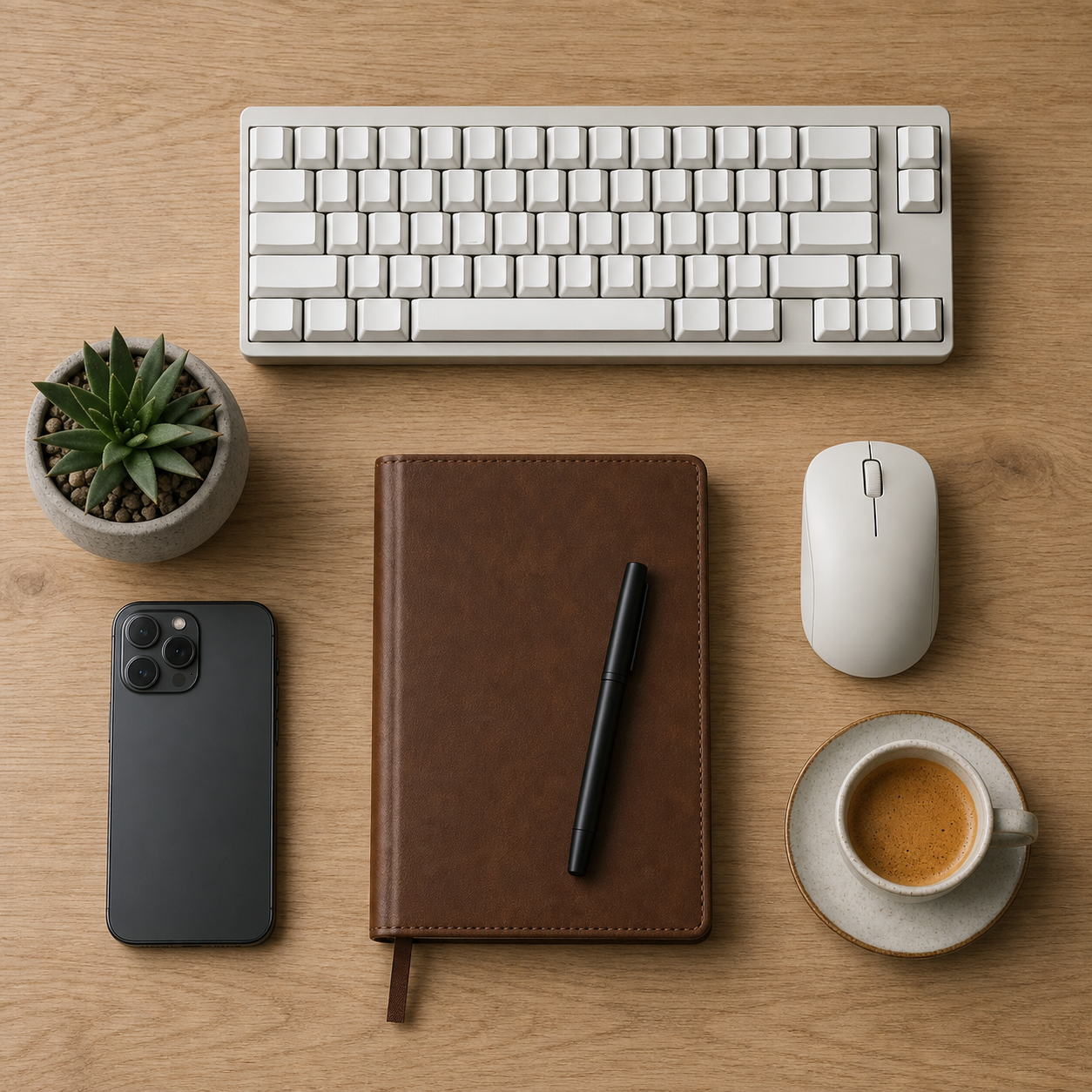 Top-down overhead view of a minimalist work surface on light oak wood: a low-profile mechanical keyboard with white keycaps, a small wireless mouse, a closed leather notebook with a black pen resting on top, a small potted succulent, a face-down smartphone, and a small espresso cup with saucer — composed in a balanced grid with generous breathing room, soft diffused overhead light with very subtle contact shadows.