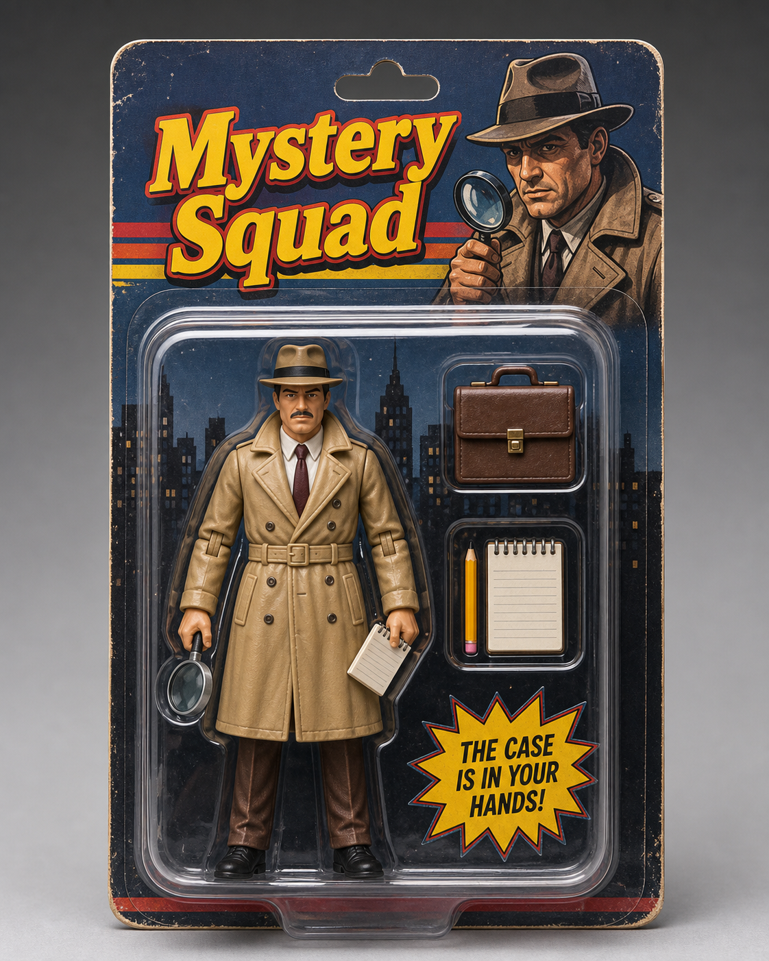 An original 1980s-style action figure of a moustached detective in a beige trench coat and matching fedora, holding a magnifying glass in one hand and a small notepad in the other, sealed inside a retro blister pack with a printed cardboard back reading "MYSTERY SQUAD" in bold yellow display type, a smaller "THE CASE IS IN YOUR HANDS!" badge in the corner, soft studio key light, sharp focus through the plastic bubble.